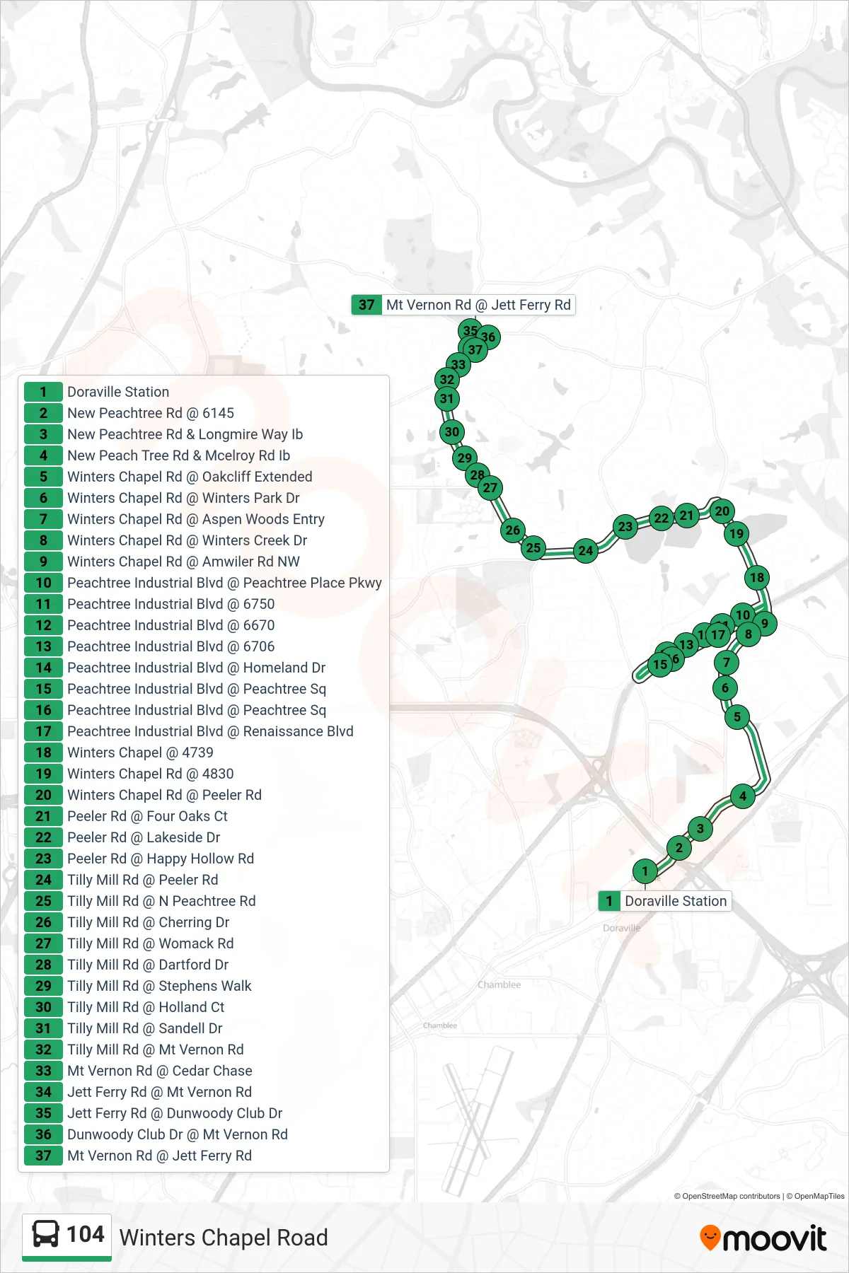 104 bus Line (Jett Ferry) route and stops on a map