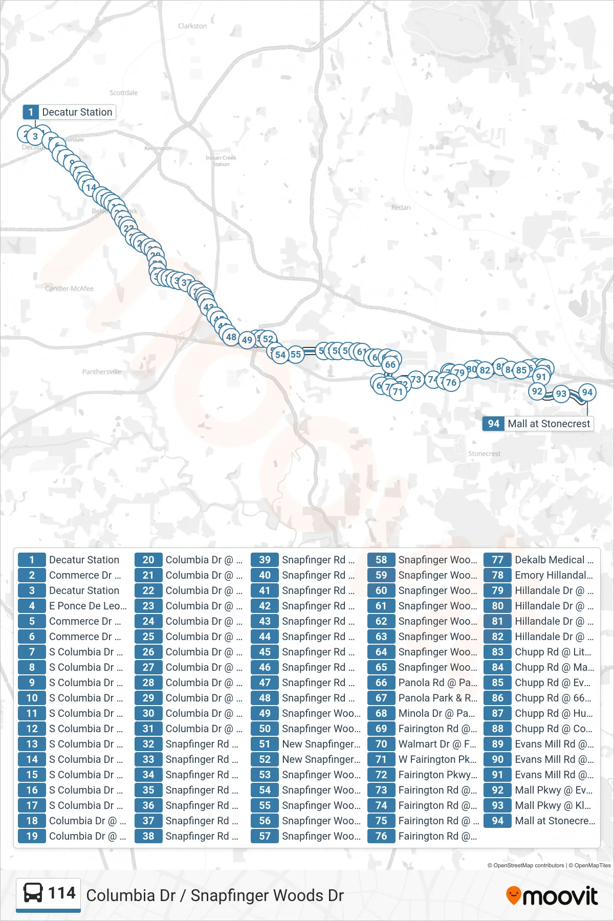 114 bus Line (Stonecrest Transfer) route and stops on a map