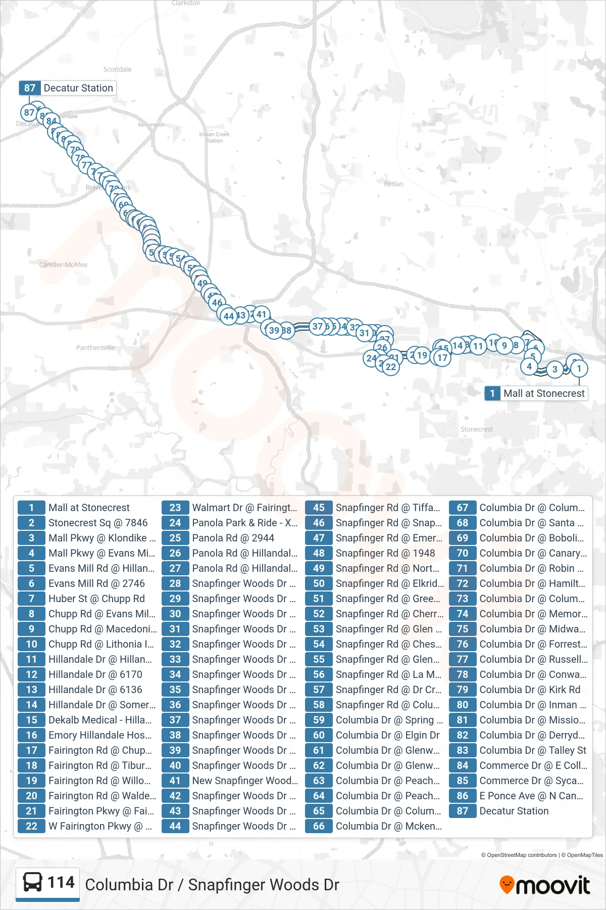 114 bus Line (Decatur Stn) route and stops on a map