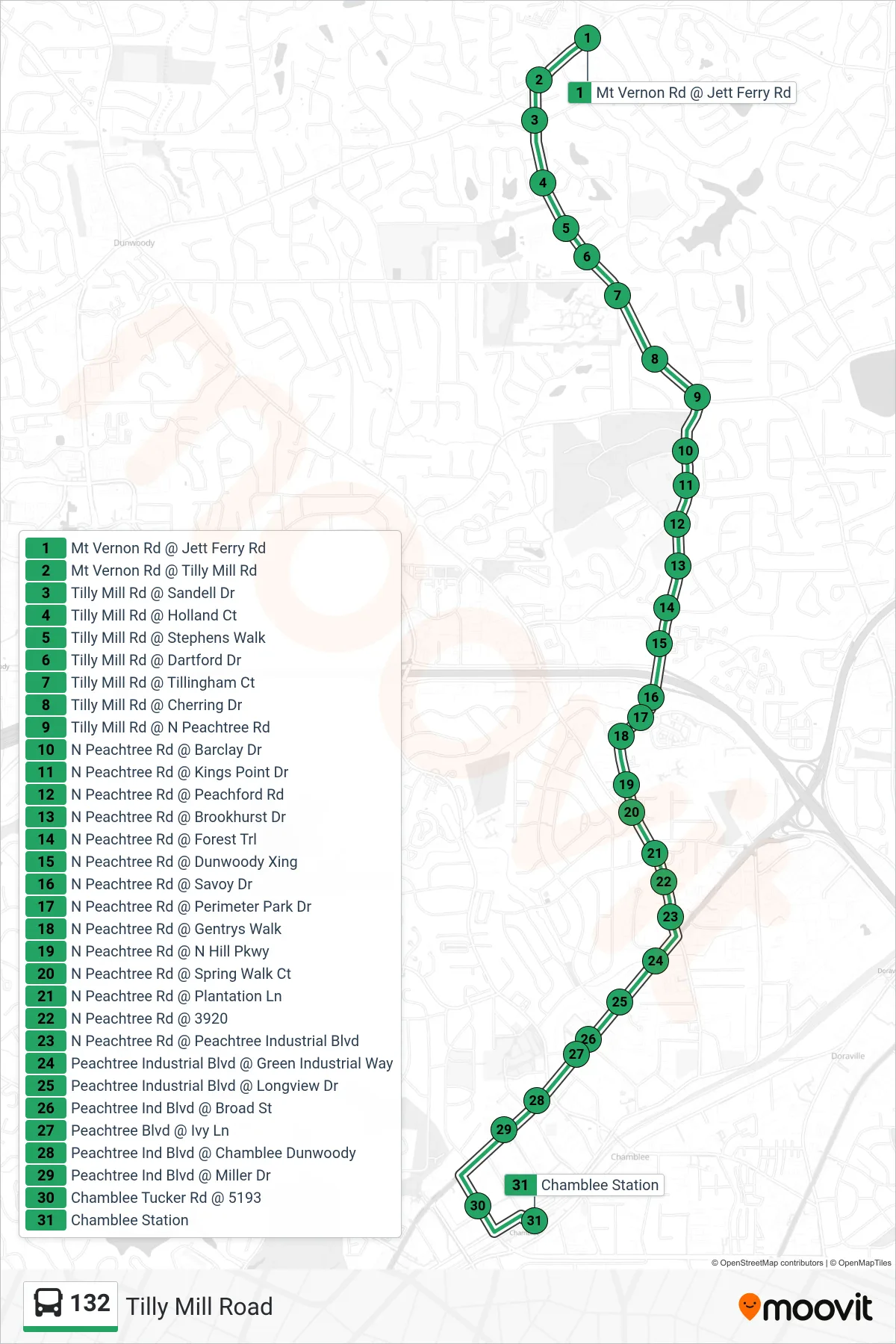132 bus Line (Chamblee Stn) route and stops on a map
