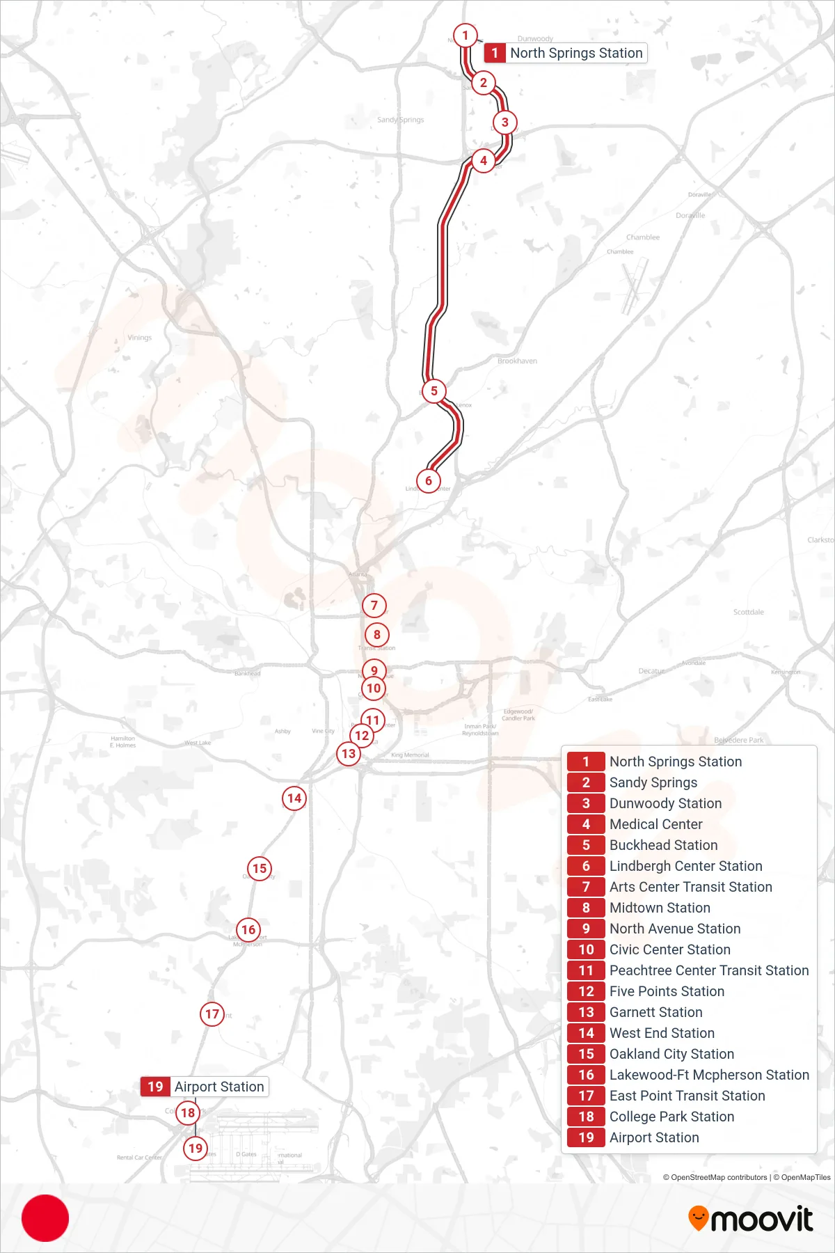 RED subway Line (Southbound) route and stops on a map