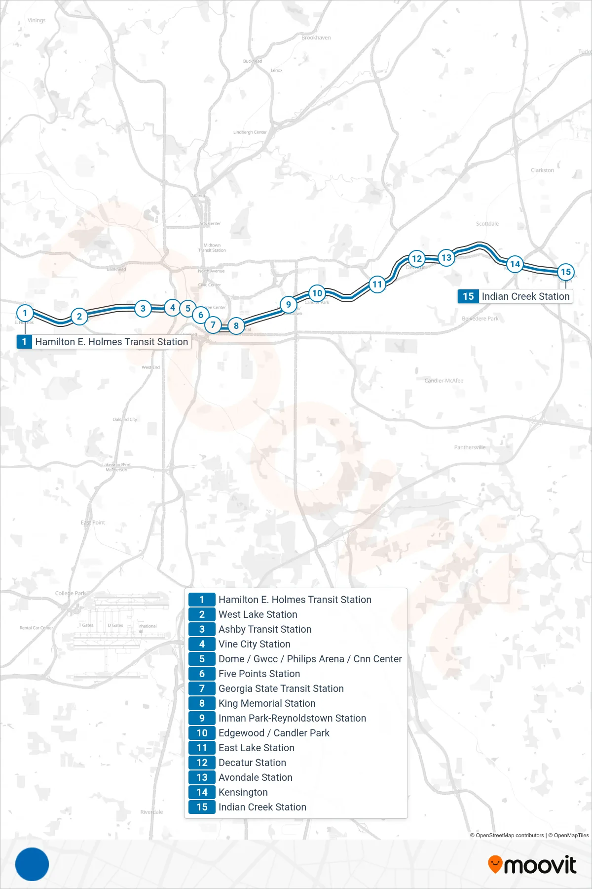 BLUE subway Line (Eastbound) route and stops on a map