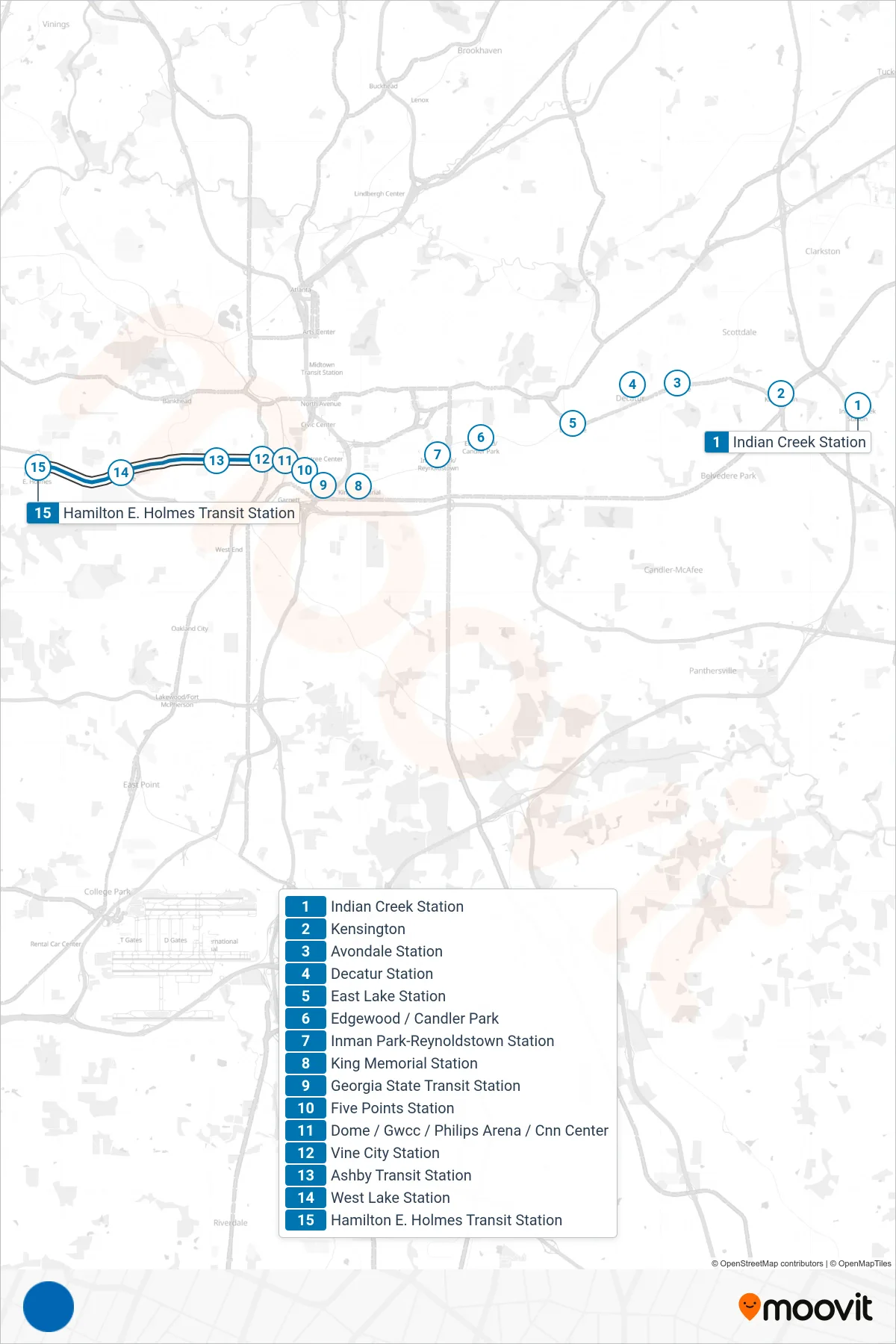 BLUE subway Line (Westbound) route and stops on a map
