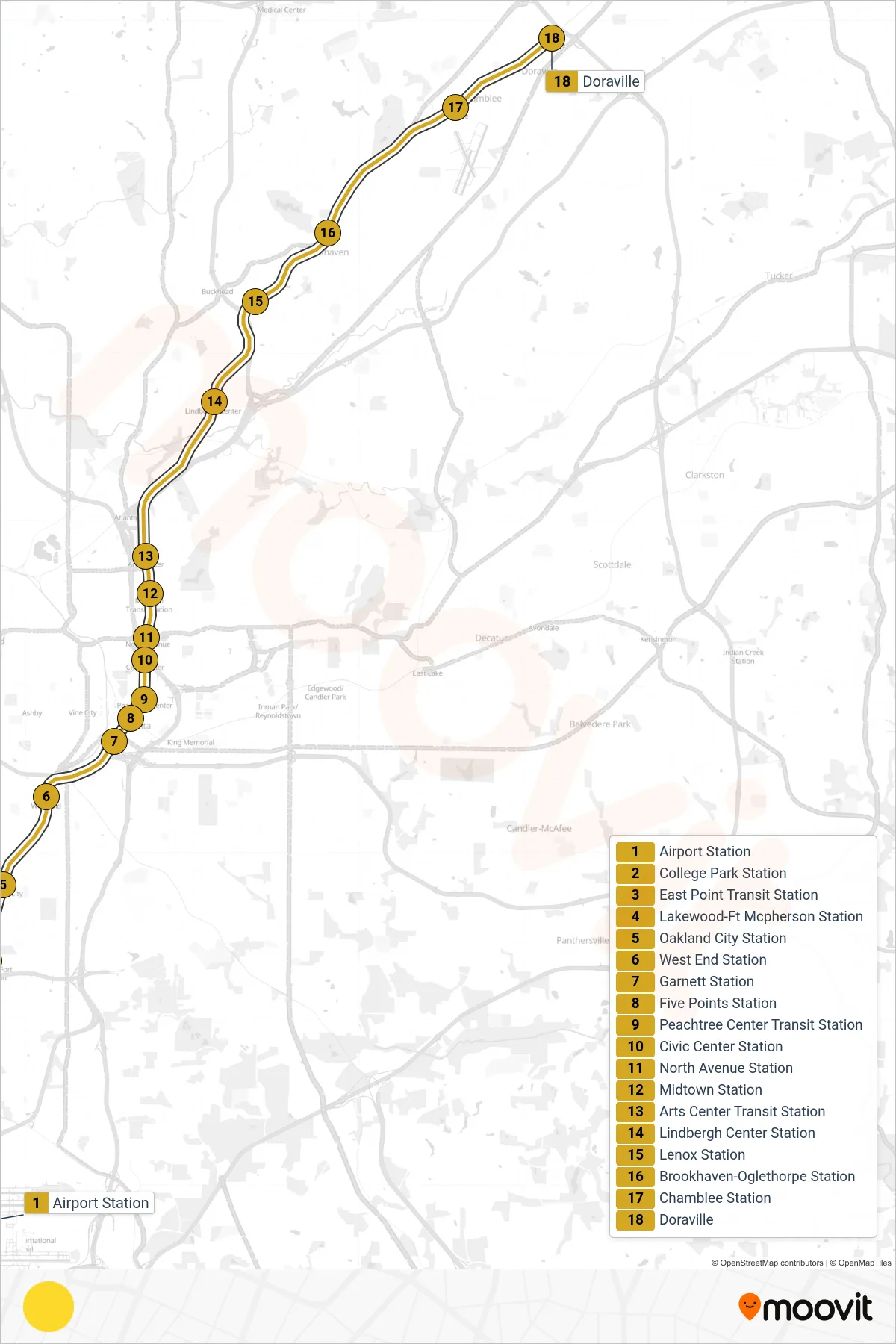 GOLD subway Line (Northbound) route and stops on a map