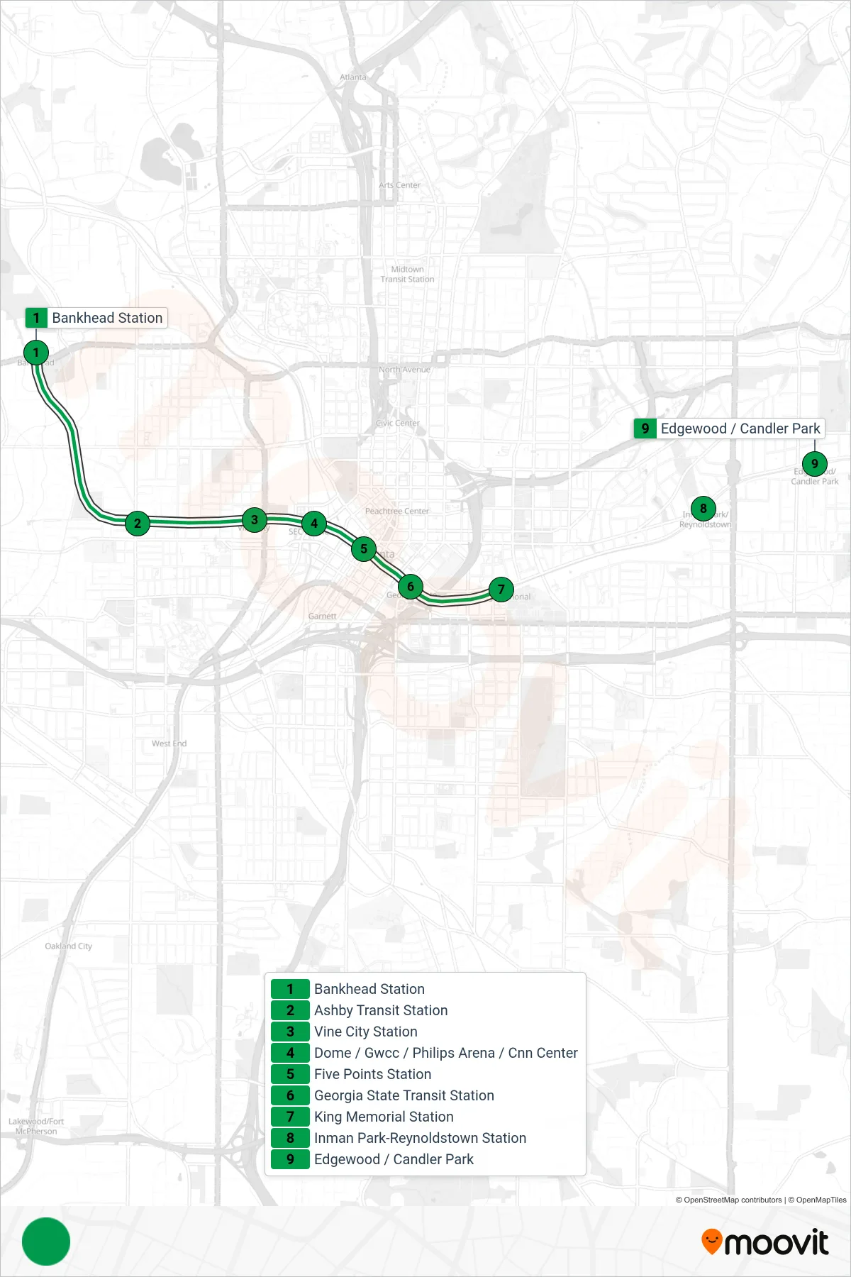 GREEN subway Line (Eastbound) route and stops on a map