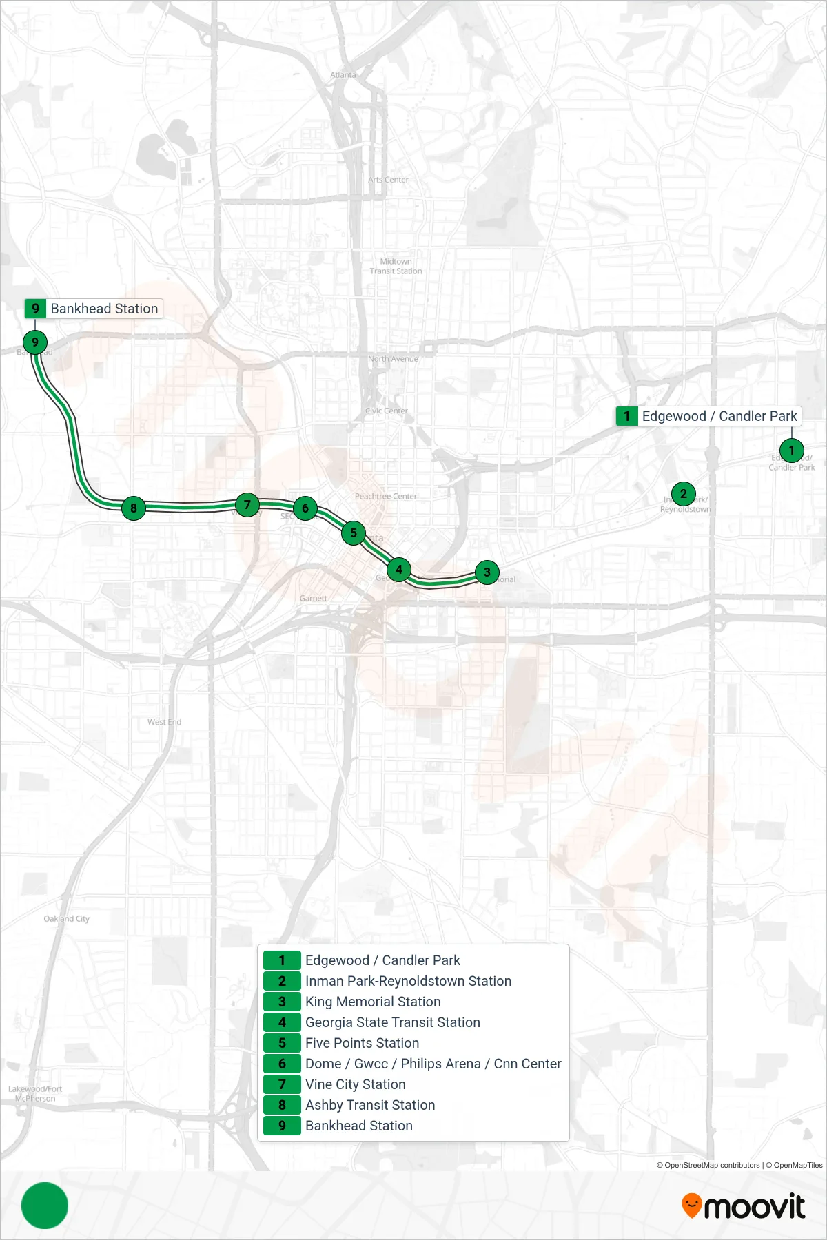 GREEN subway Line (Westbound) route and stops on a map