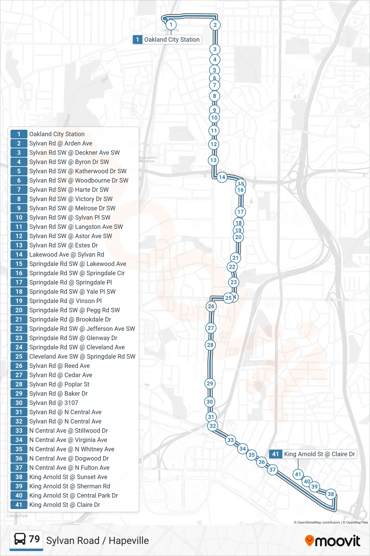 79 bus Line (Hapeville) route and stops on a map