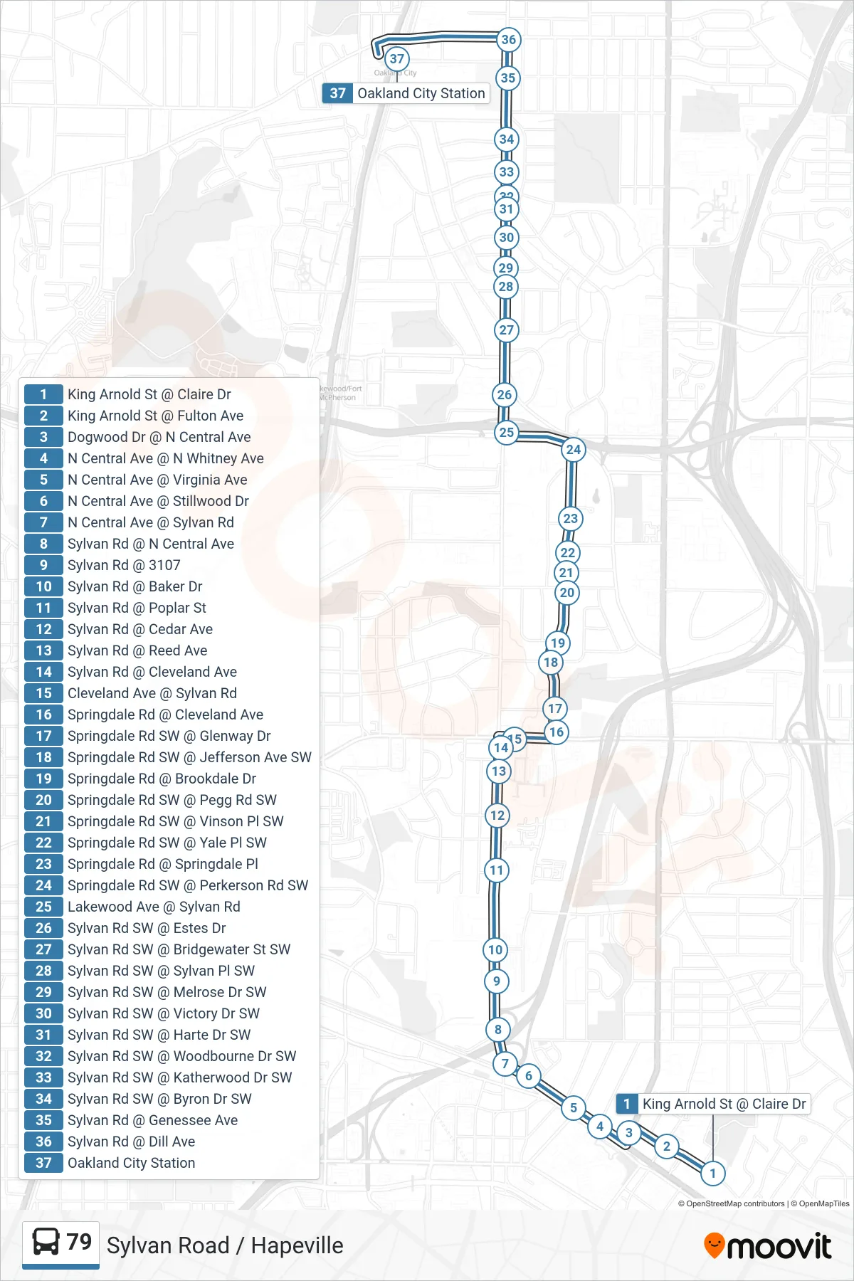 79 bus Line (Oakland City Stn) route and stops on a map
