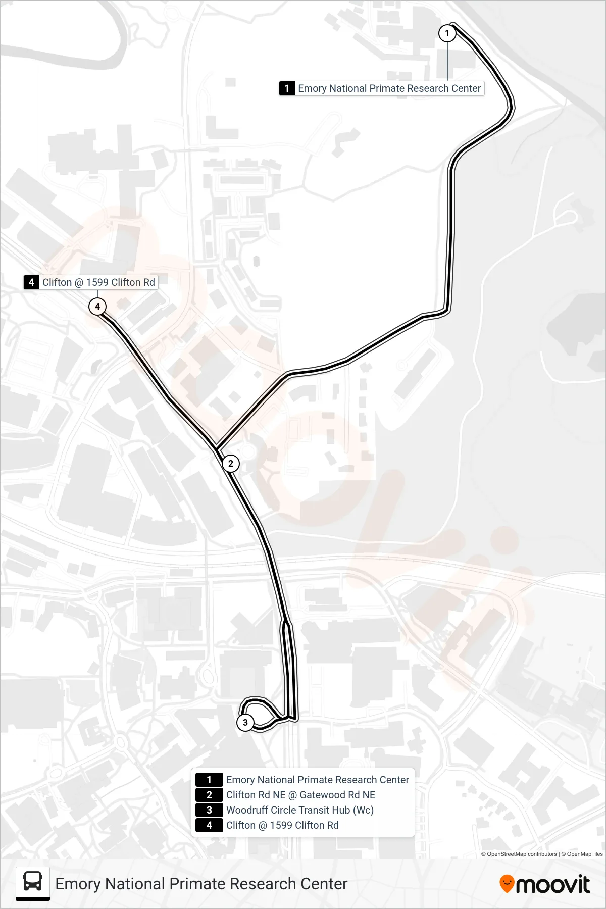 EPC SHUTTLE bus Line (Emory National Primate Research Center) route and stops on a map
