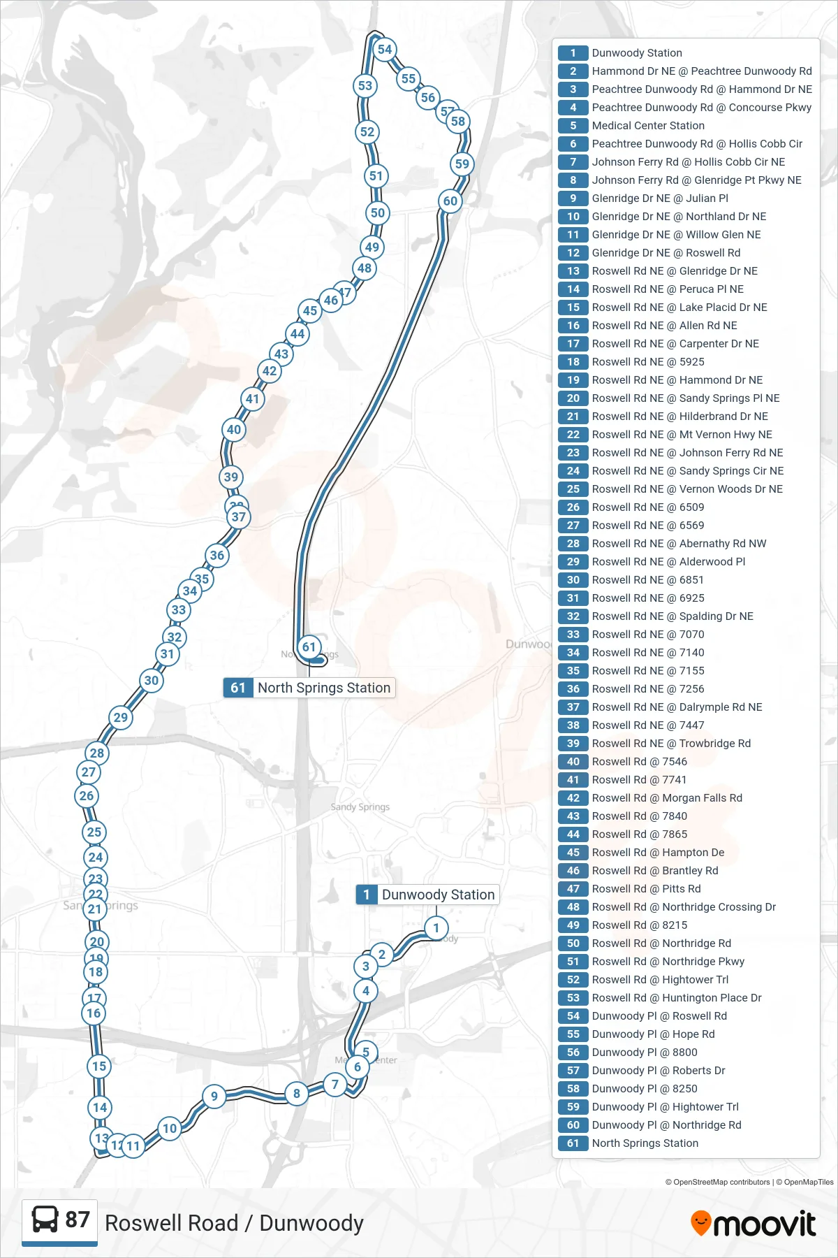87 bus Line (North Springs Stn) route and stops on a map