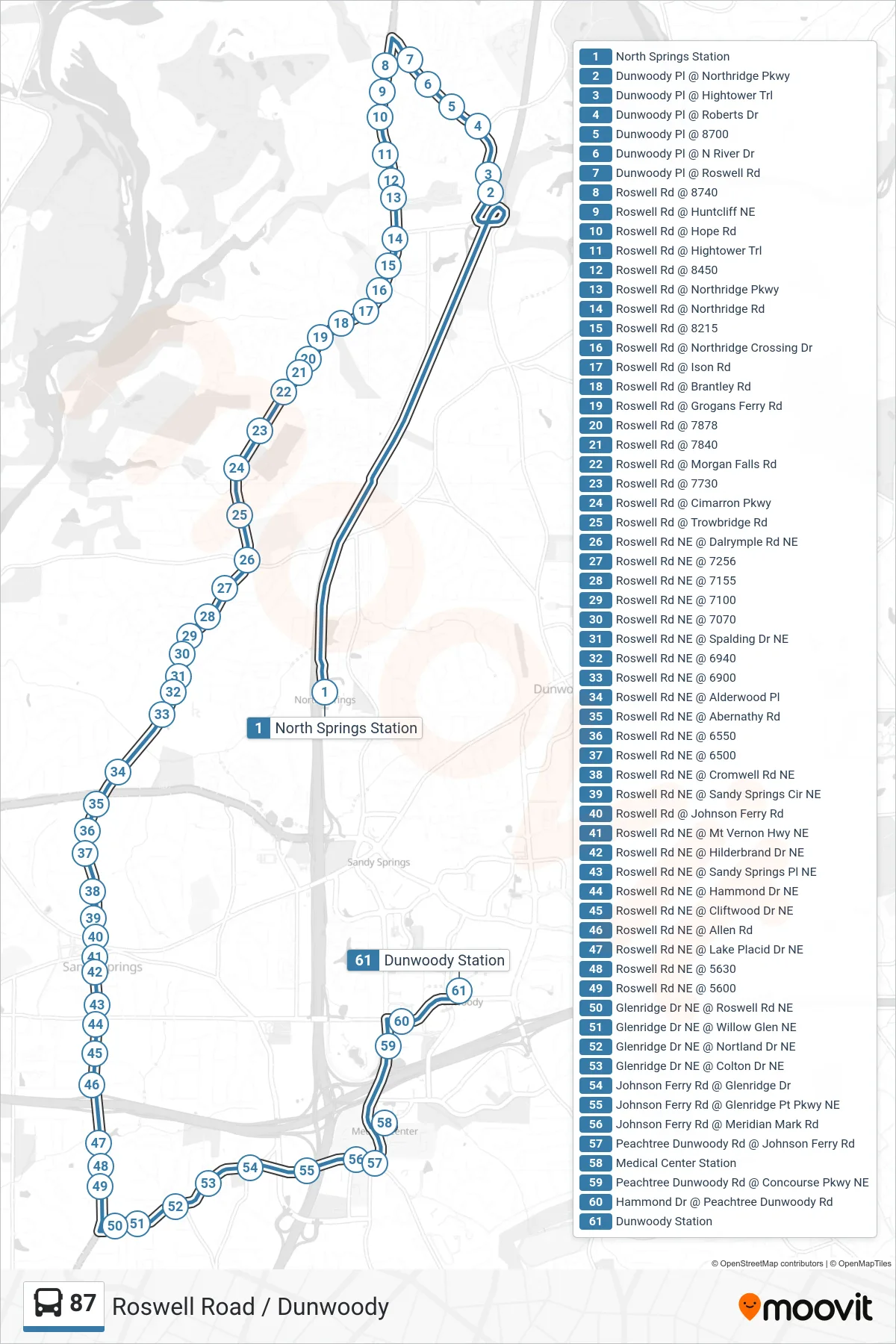 87 bus Line (Dunwoody Stn) route and stops on a map