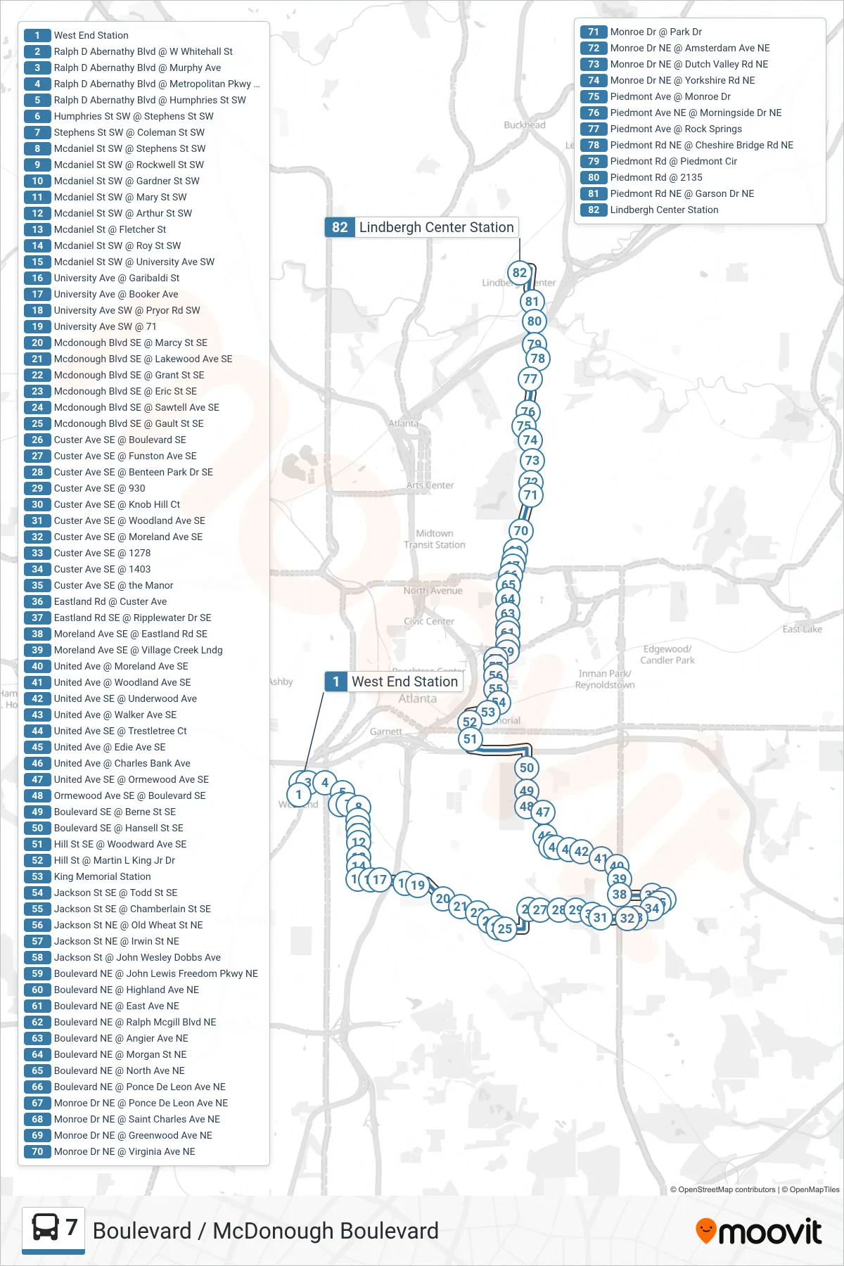7 bus Line (Lindbergh Ctr Stn) route and stops on a map