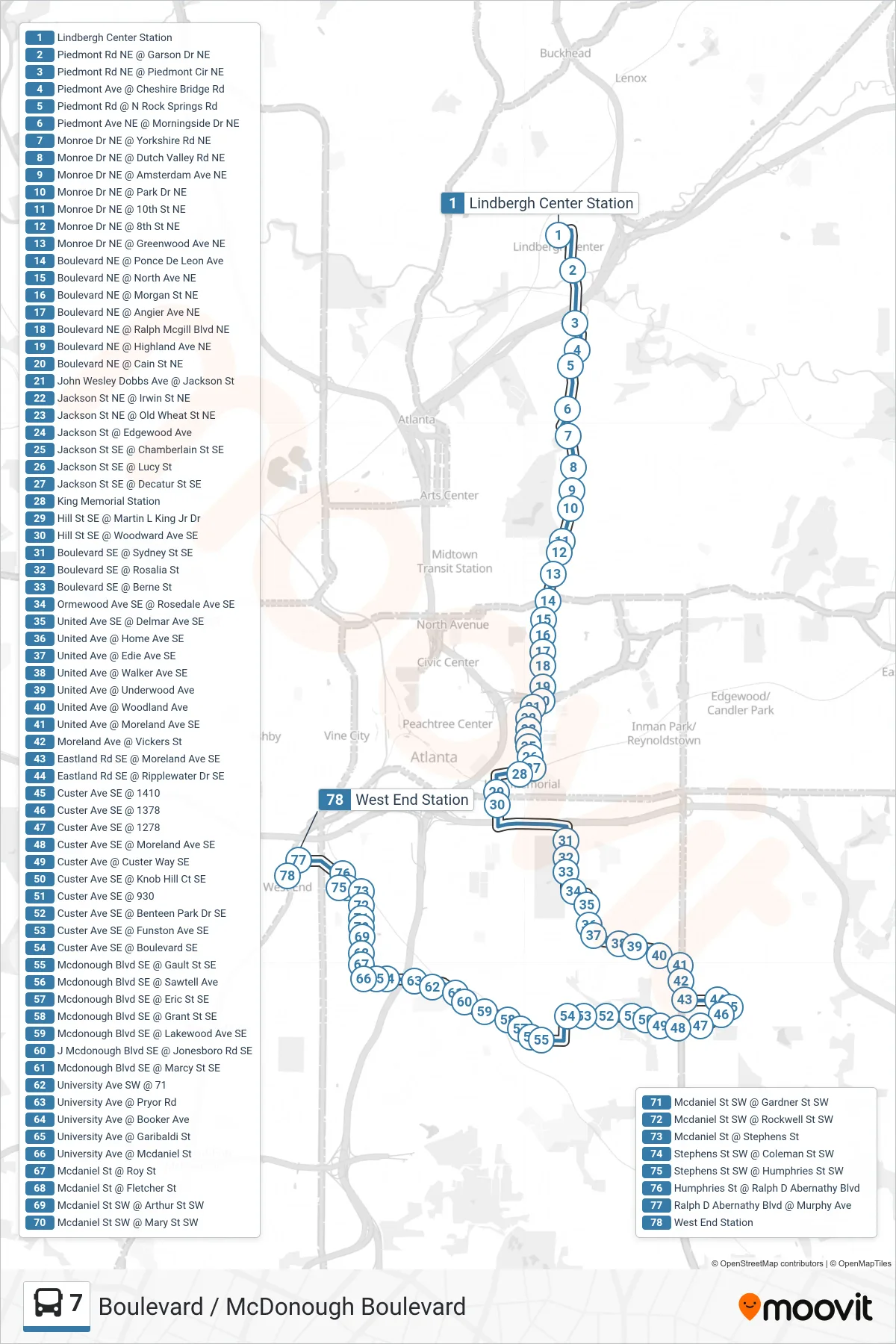 7 bus Line (West End Stn) route and stops on a map