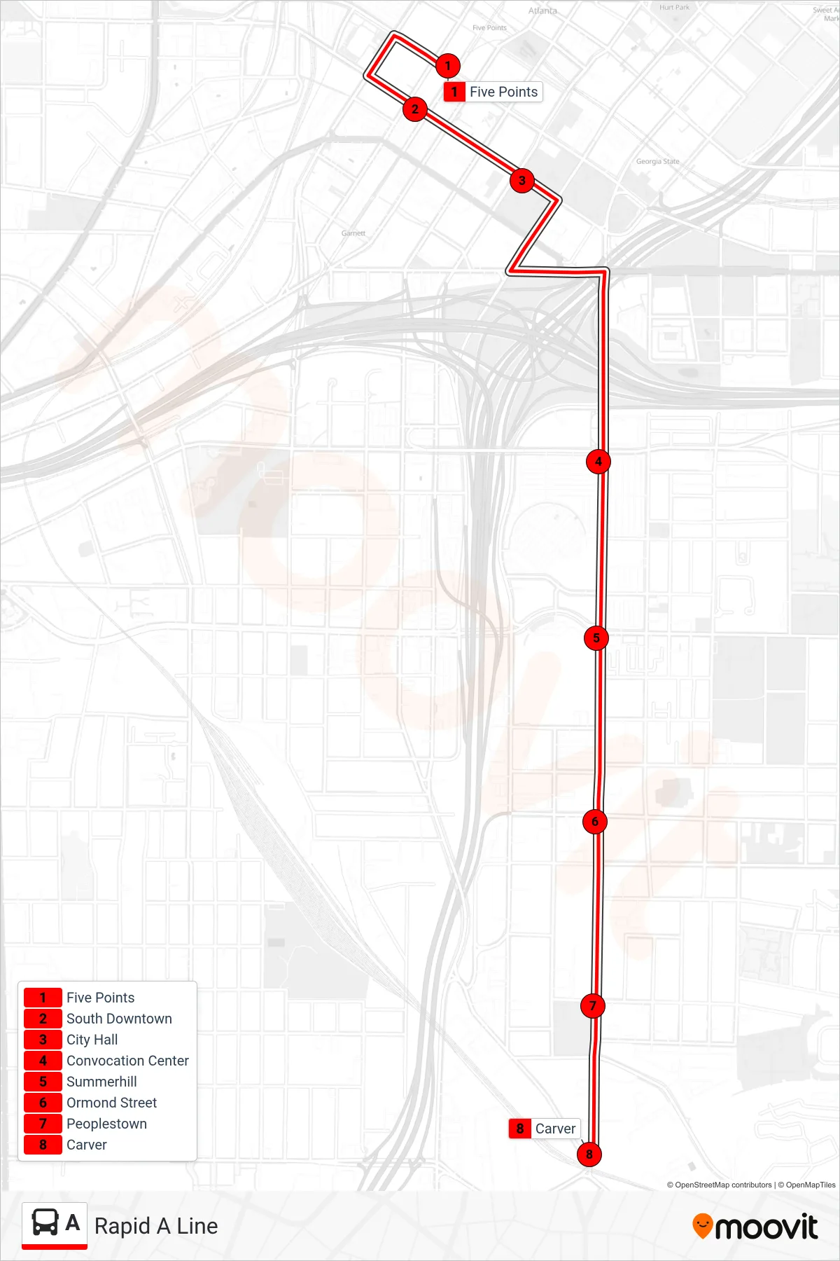 A bus Line (Carver Brt Station) route and stops on a map