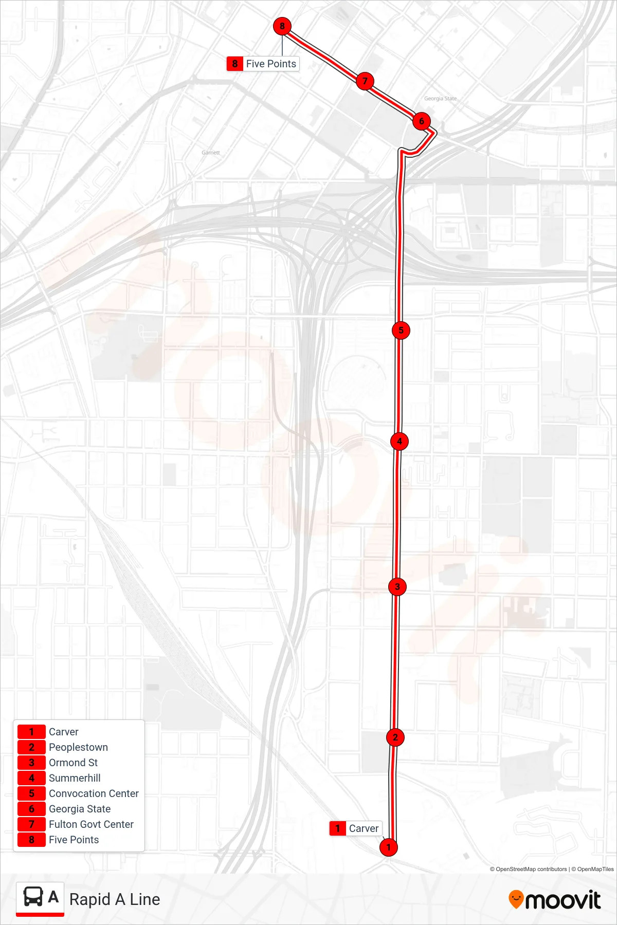 A bus Line (Martin Luther King Jr Dr @ Forsyth St) route and stops on a map