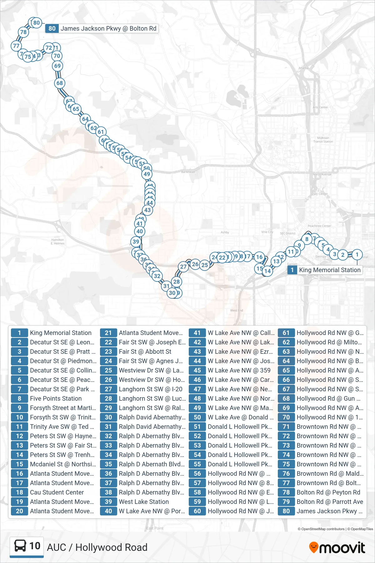 10 bus Line (Riverside) route and stops on a map