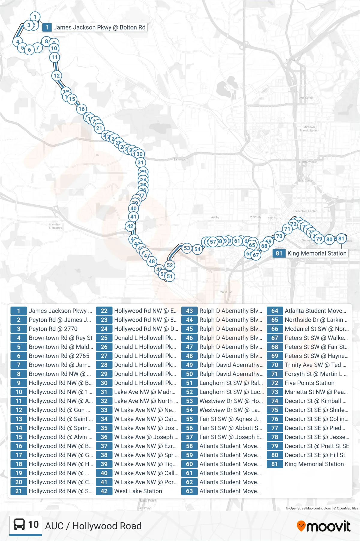 10 bus Line (Five Points Stn) route and stops on a map