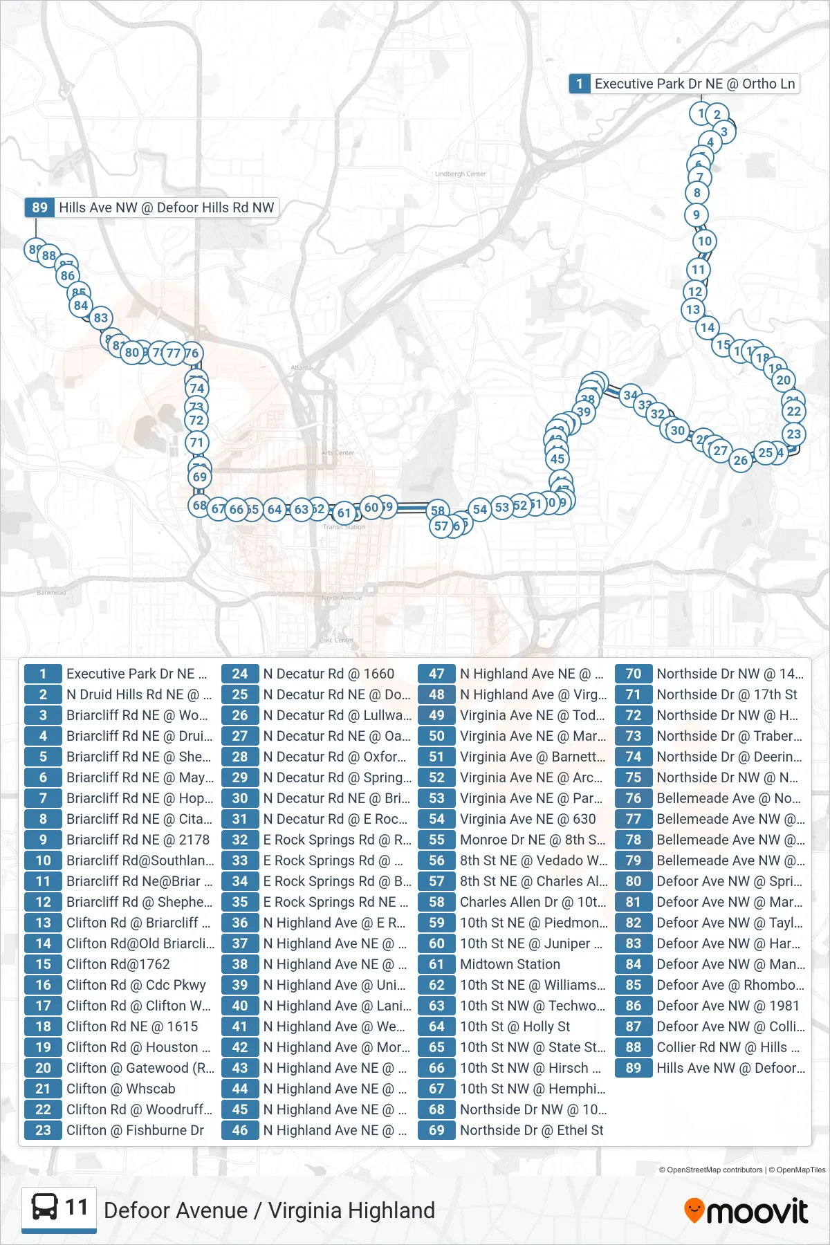 11 bus Line (Collier Rd) route and stops on a map
