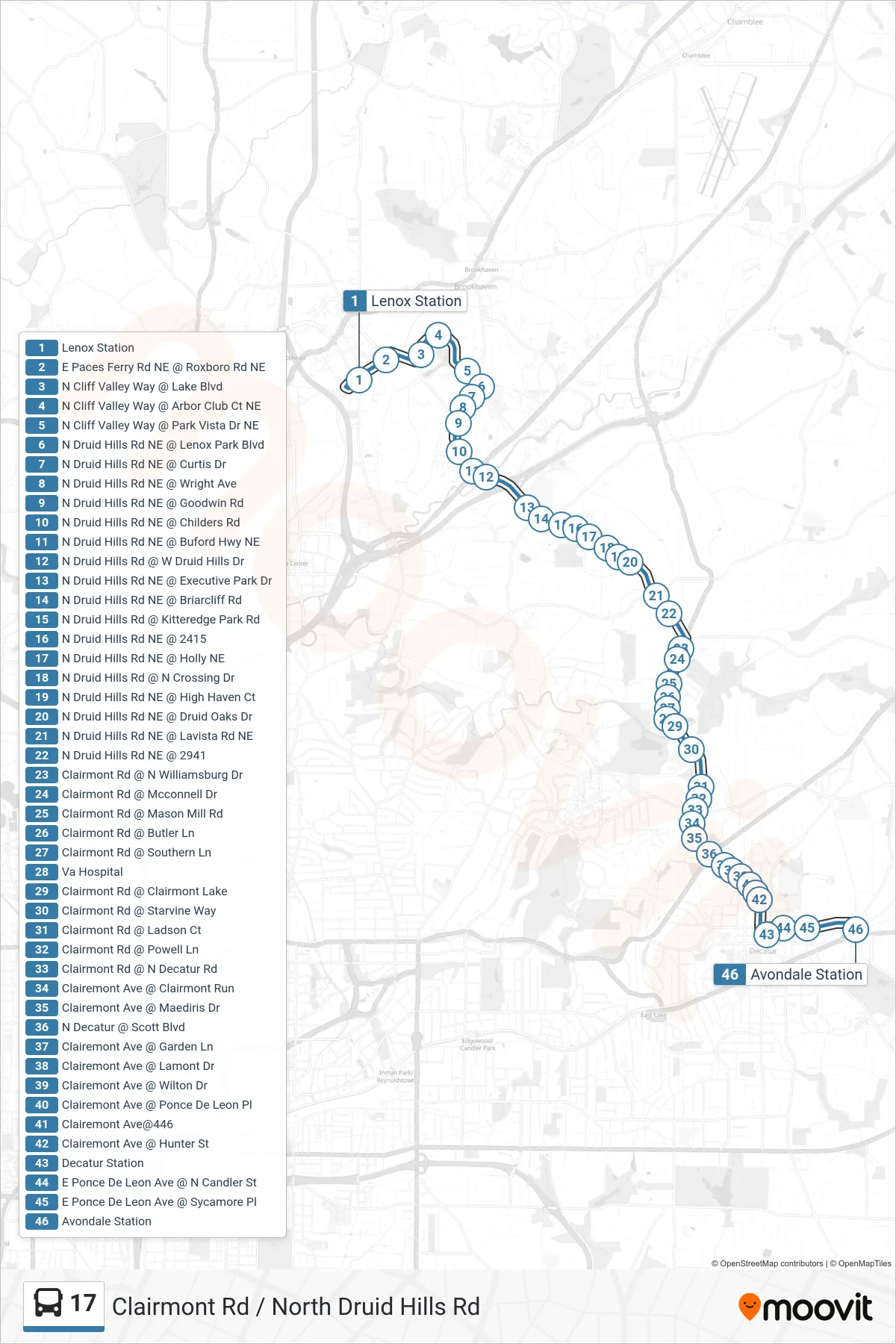 17 bus Line (Avondale Stn) route and stops on a map