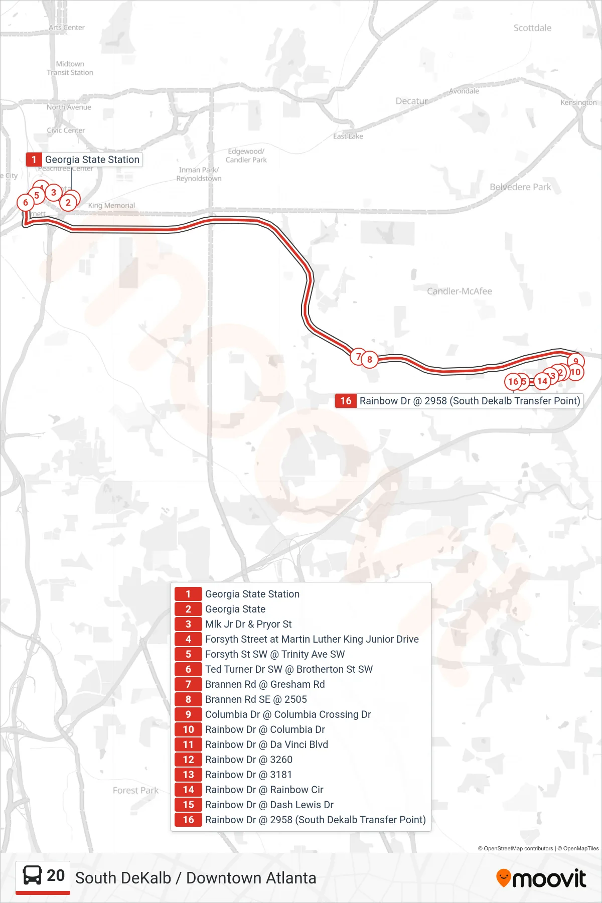 20 bus Line (S Dekalb Transfer) route and stops on a map