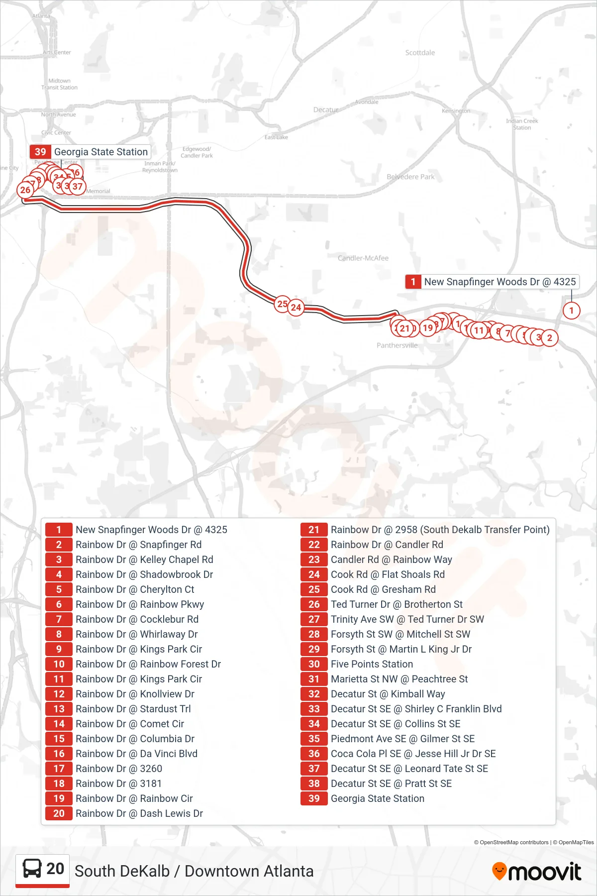 20 bus Line (Five Points Stn) route and stops on a map