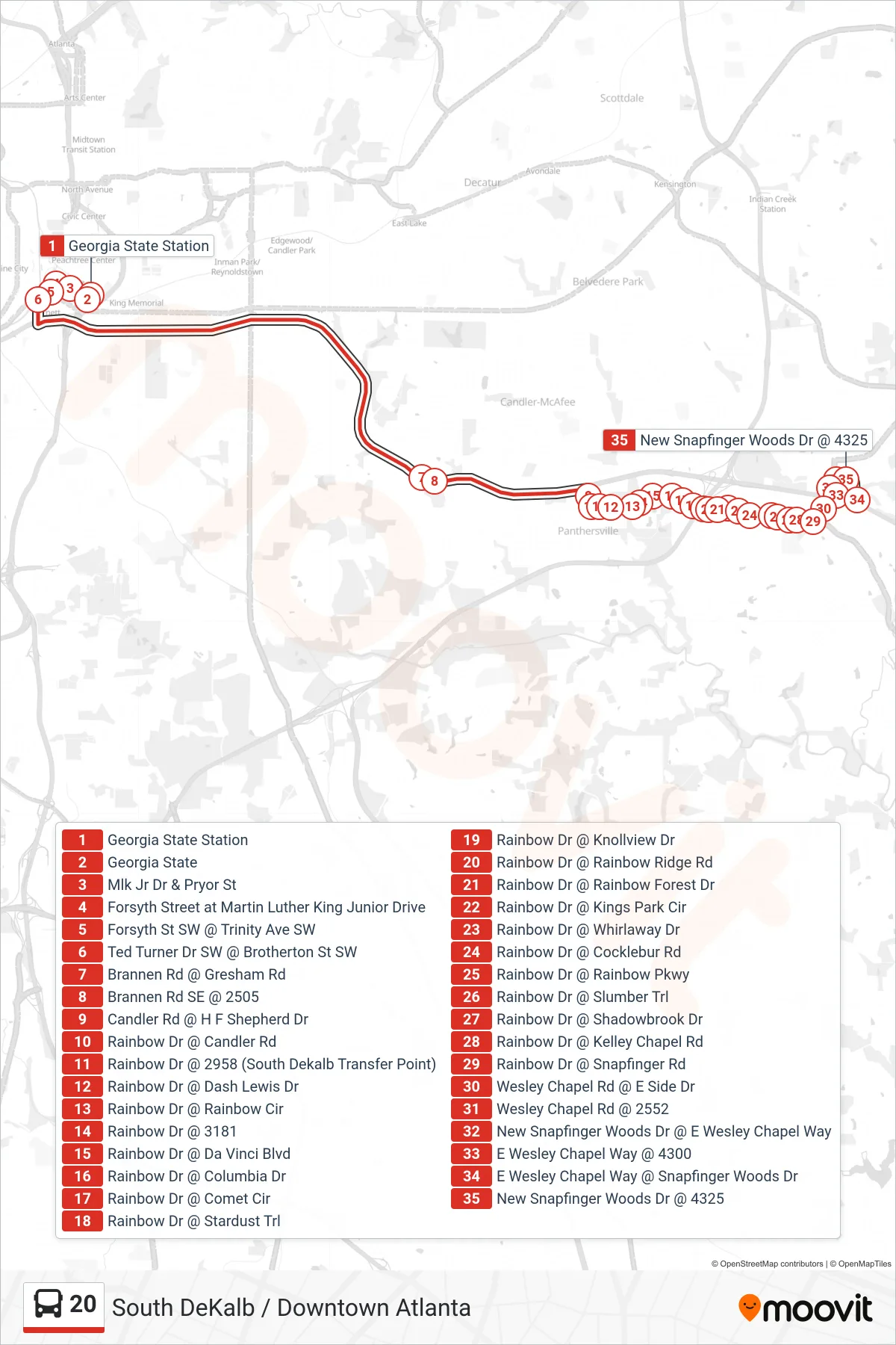 20 bus Line (Snapfinger Wds Dr) route and stops on a map