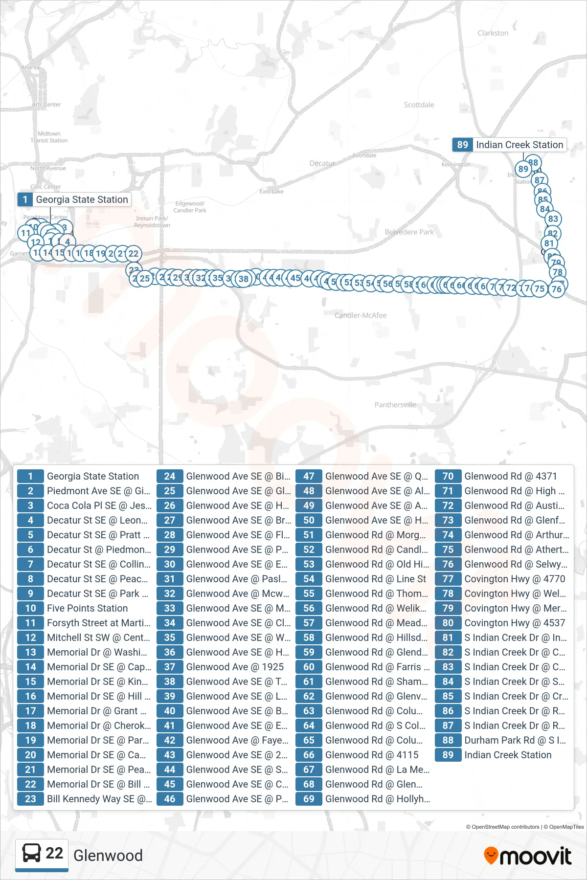 22 bus Line (Indian Creek Stn) route and stops on a map