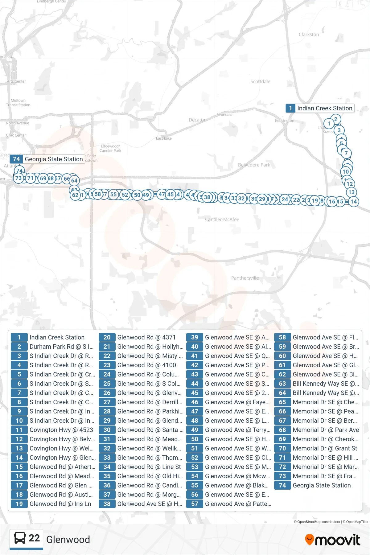 22 bus Line (Five Points Stn) route and stops on a map