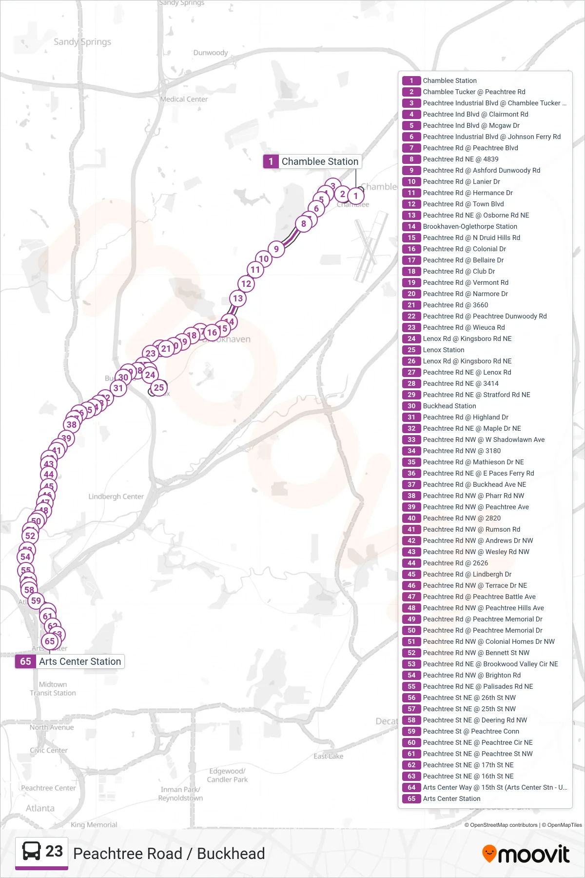 23 bus Line (Arts Center Stn) route and stops on a map