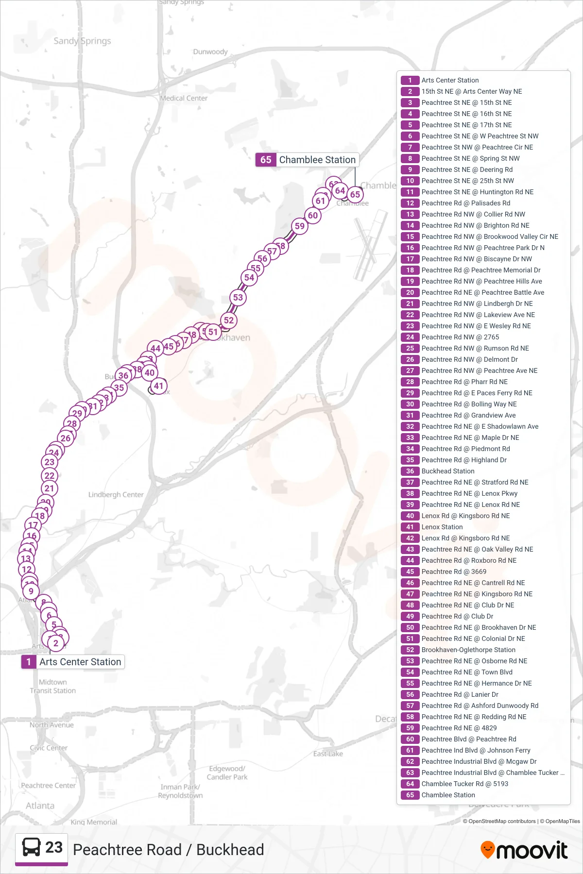23 bus Line (Chamblee Stn) route and stops on a map