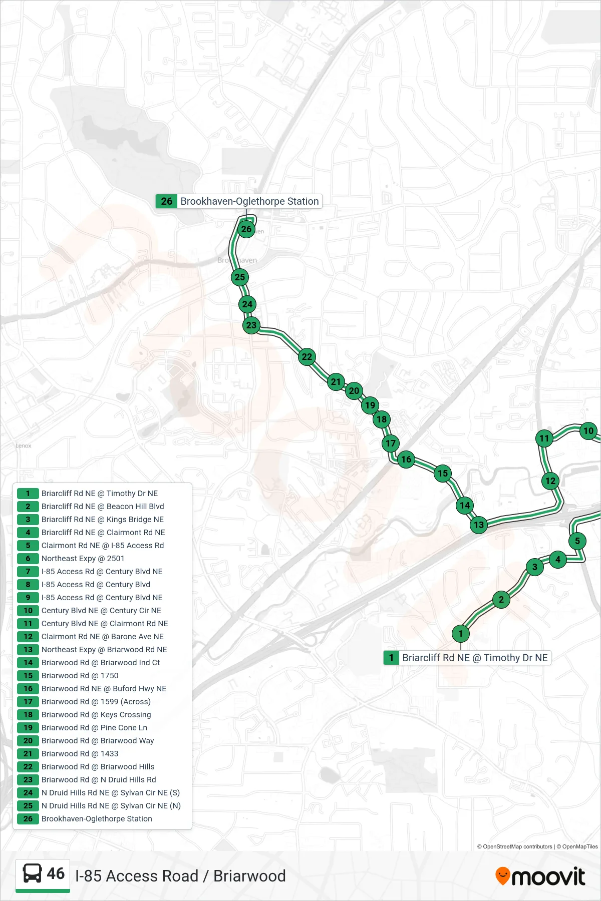 46 bus Line (Brookhaven Stn) route and stops on a map