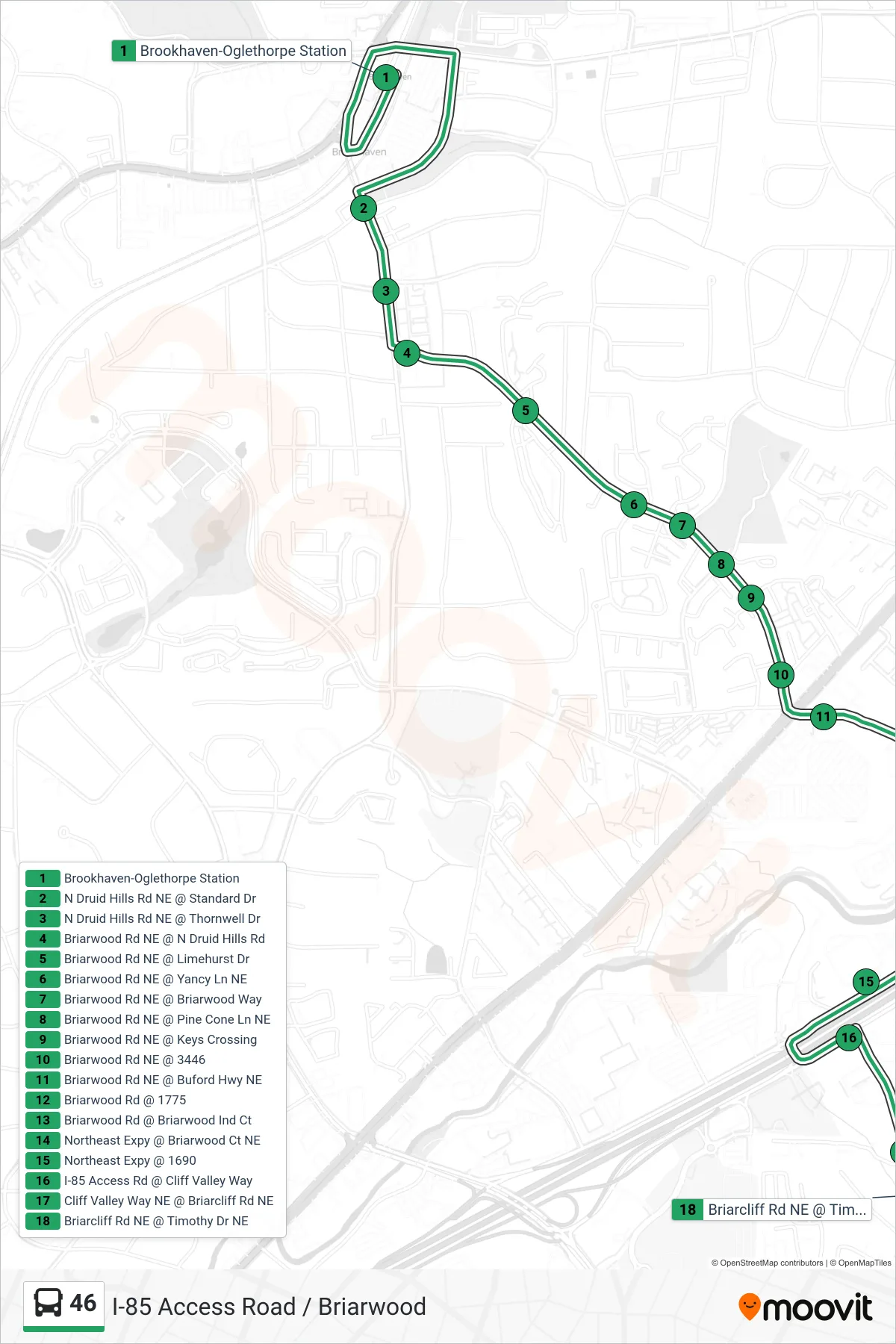 46 bus Line (Briarcliff Rd) route and stops on a map