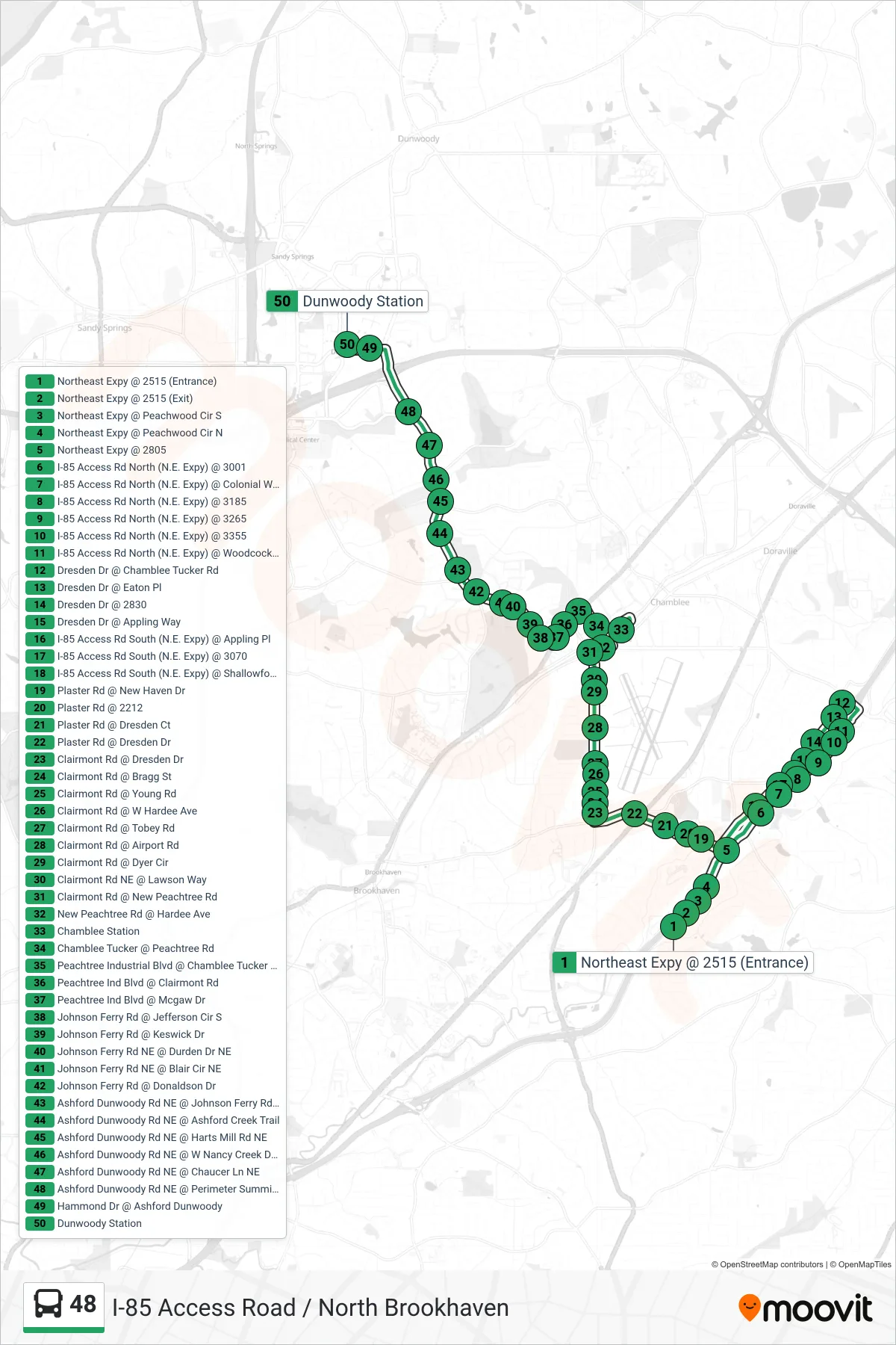 48 bus Line (Dunwoody Station) route and stops on a map