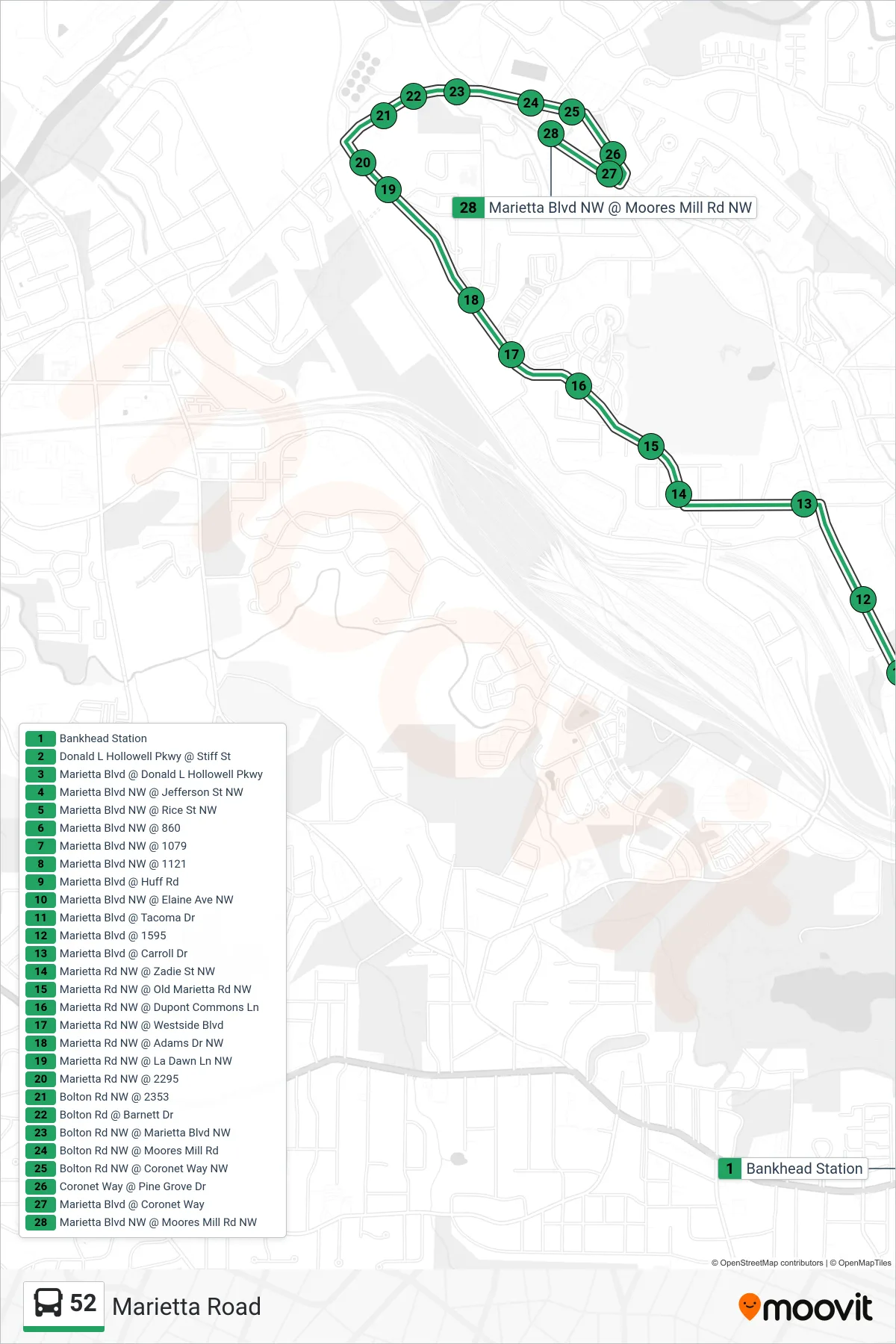52 bus Line (Moores Mill Ctr) route and stops on a map