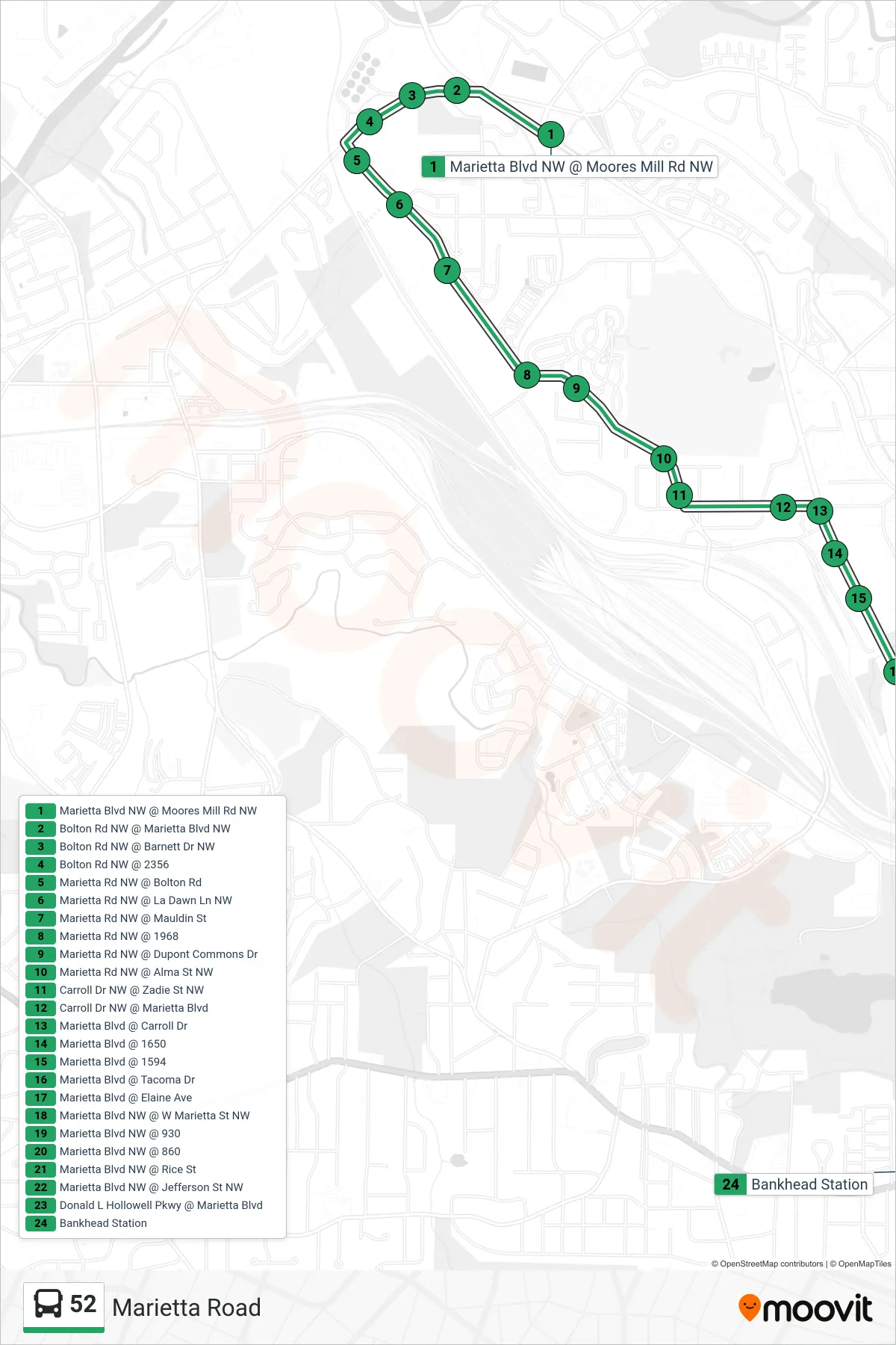 52 bus Line (Bankhead Stn) route and stops on a map