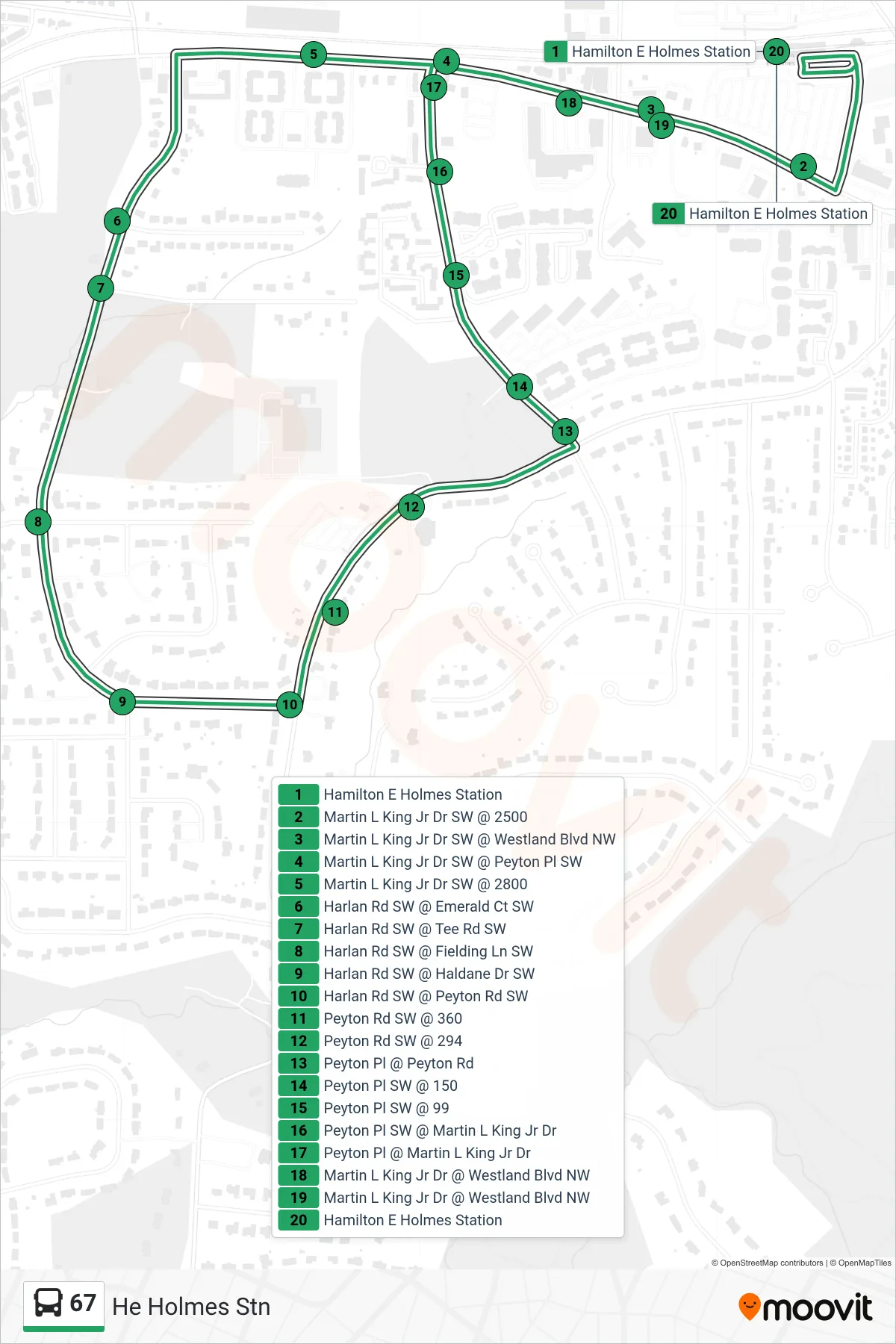 67 bus Line (He Holmes Stn) route and stops on a map