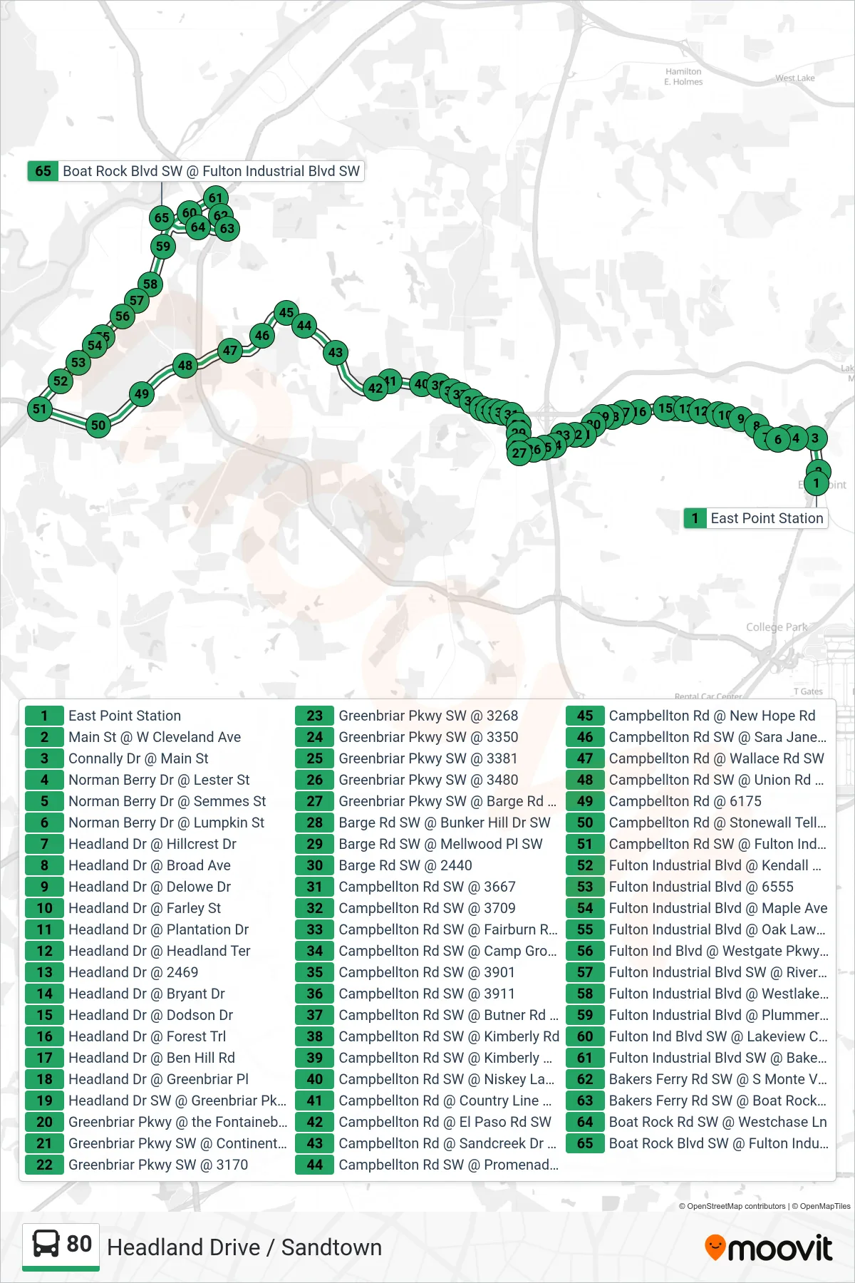 80 bus Line (Boat Rock Transfer) route and stops on a map