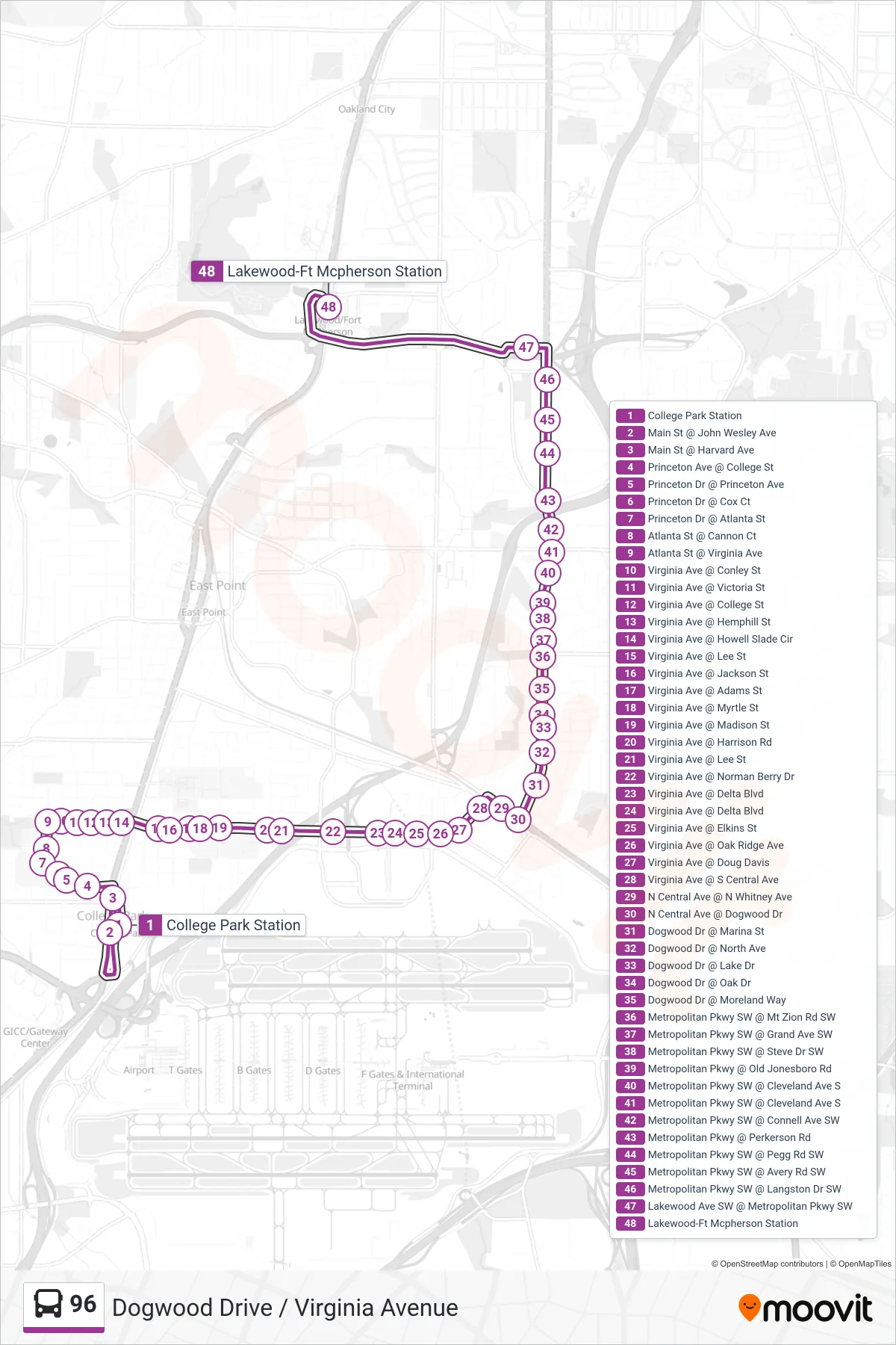 96 bus Line (Lakewood Stn) route and stops on a map