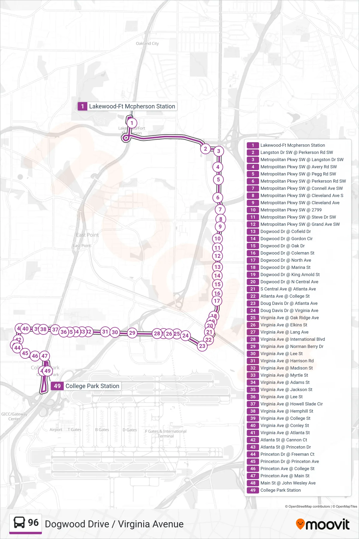 96 bus Line (College Park Stn) route and stops on a map