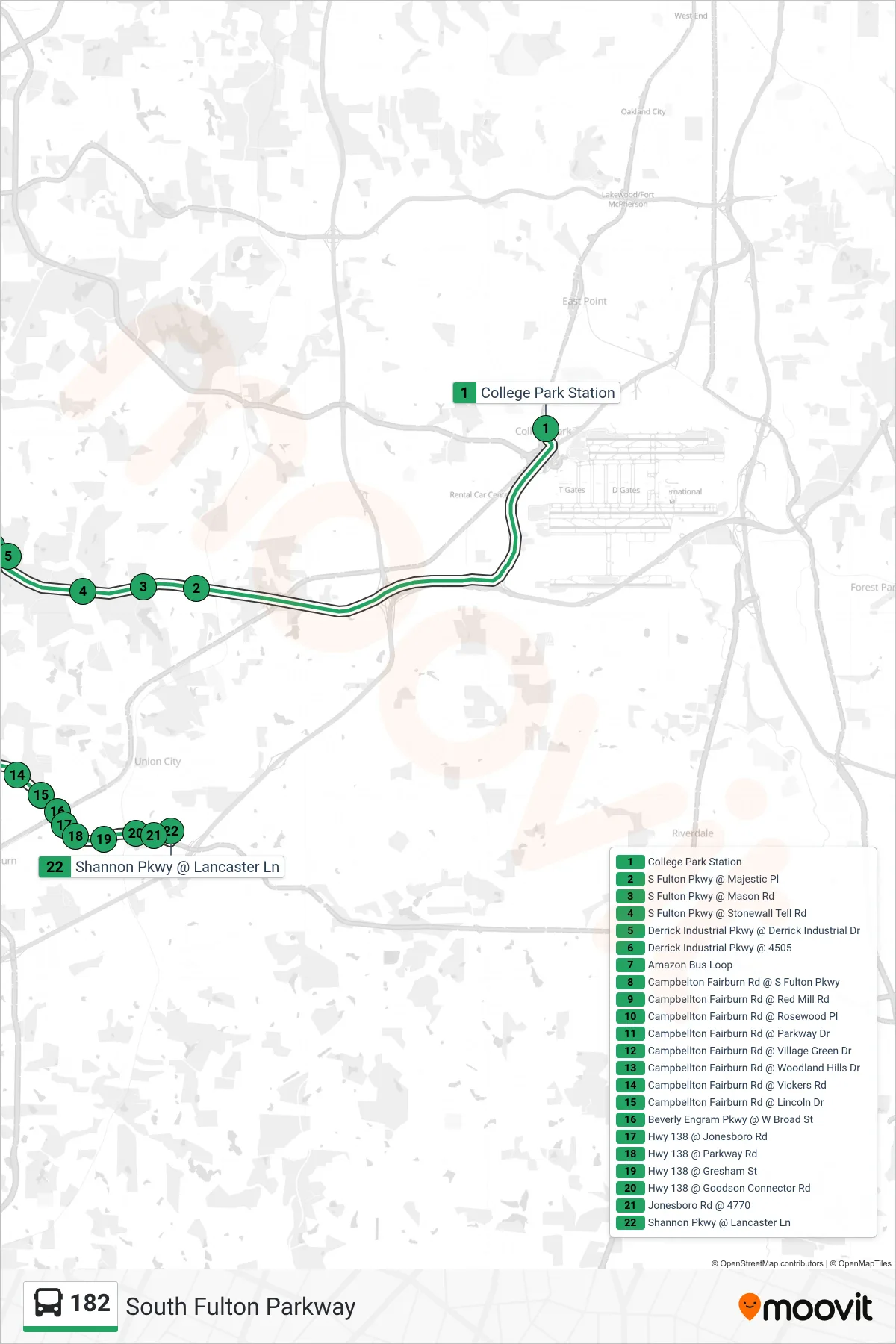 182 bus Line (S Fulton Transfer) route and stops on a map