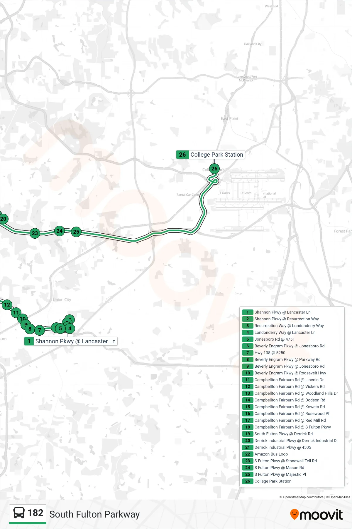 182 bus Line (College Park Stn) route and stops on a map