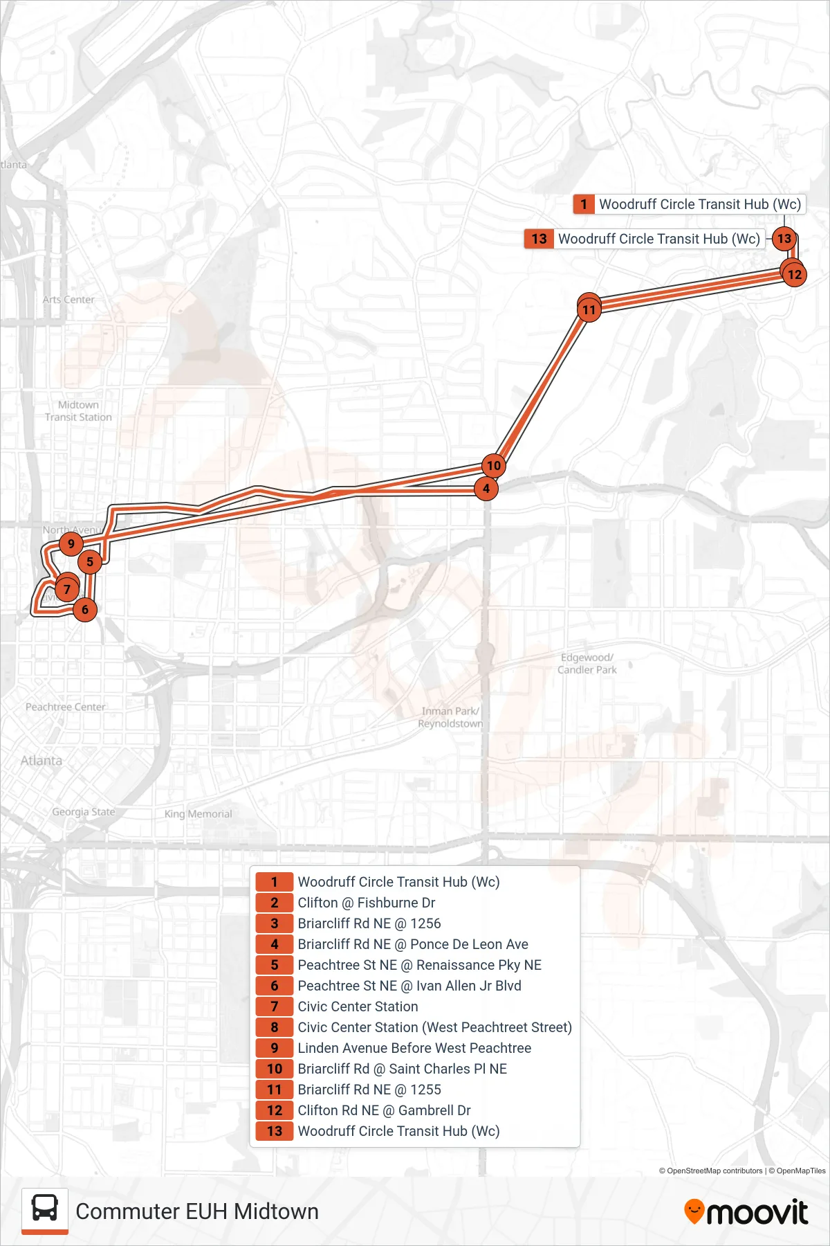 EUH MIDTOWN bus Line (EUH Midtown) route and stops on a map