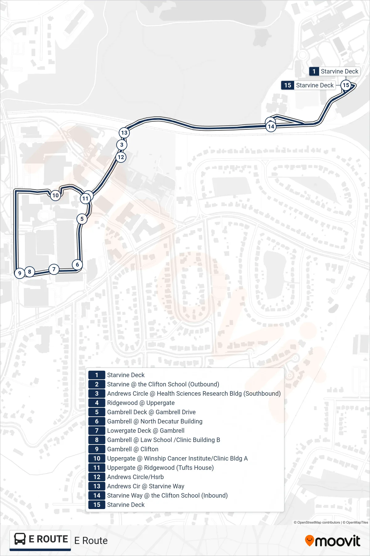 E ROUTE bus Line (E Route) route and stops on a map