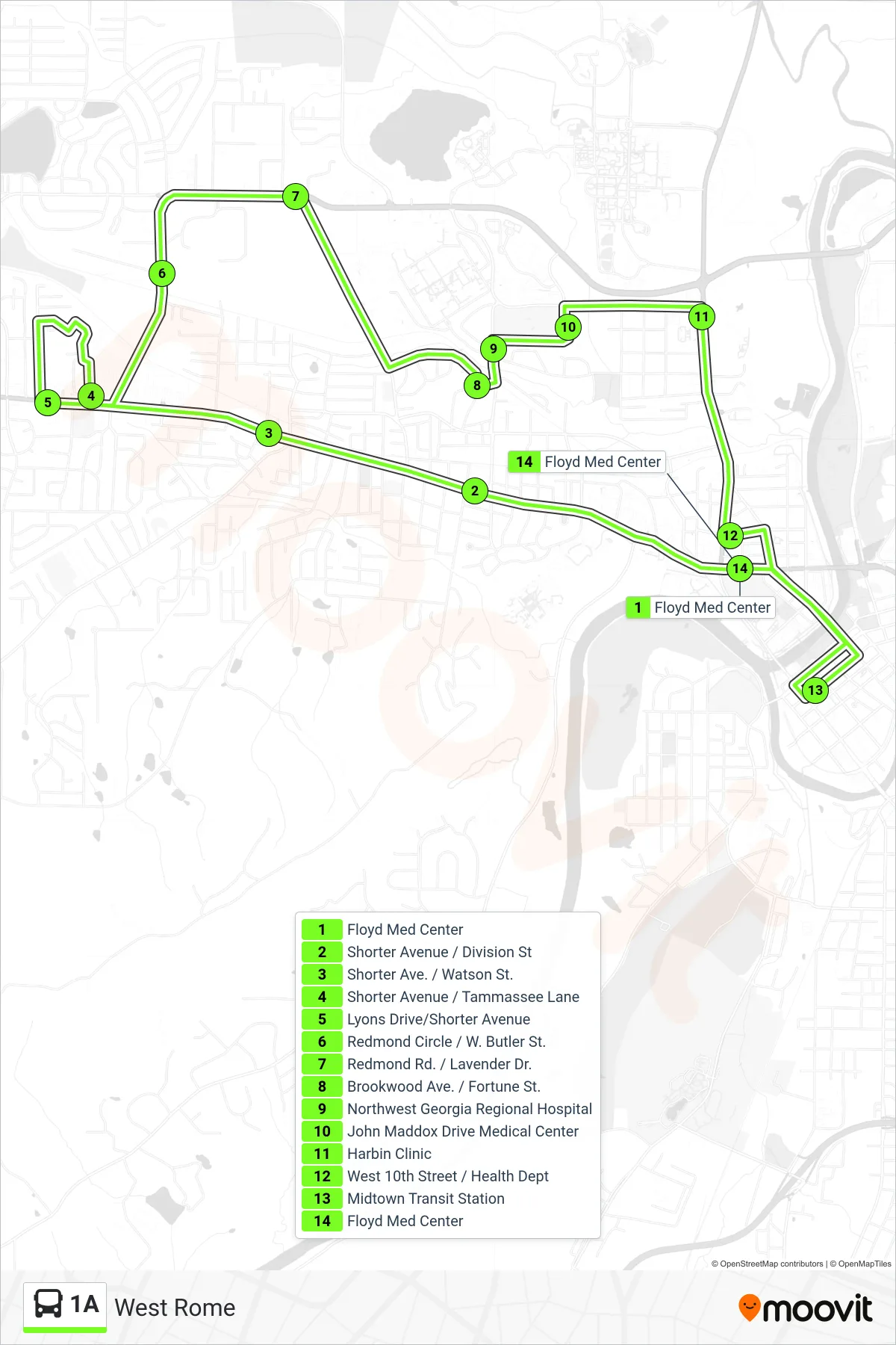 1A bus Line (West Rome) route and stops on a map