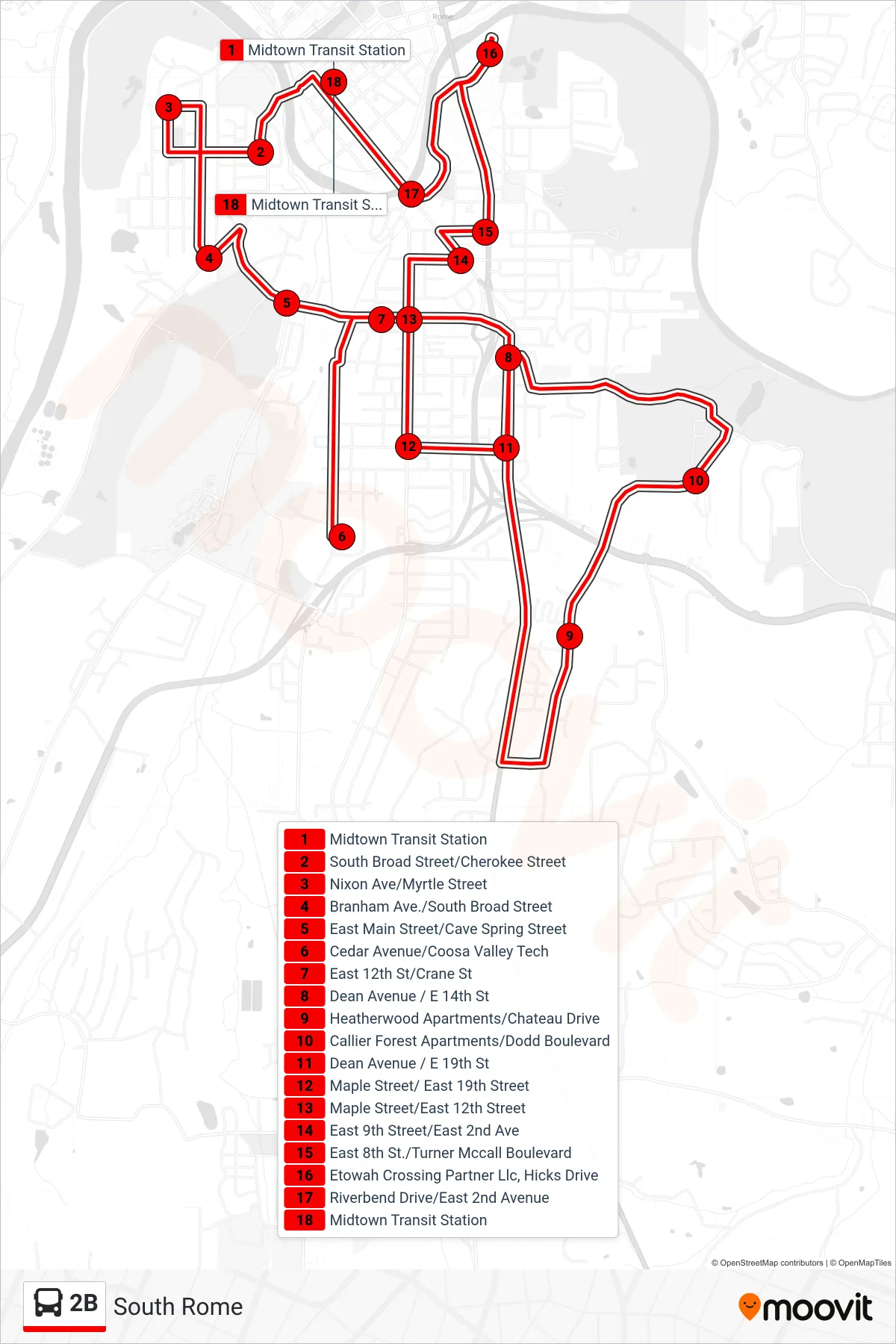 2B bus Line (South Rome) route and stops on a map