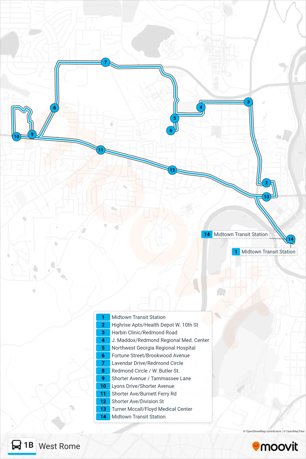 1B bus Line (West Rome) route and stops on a map