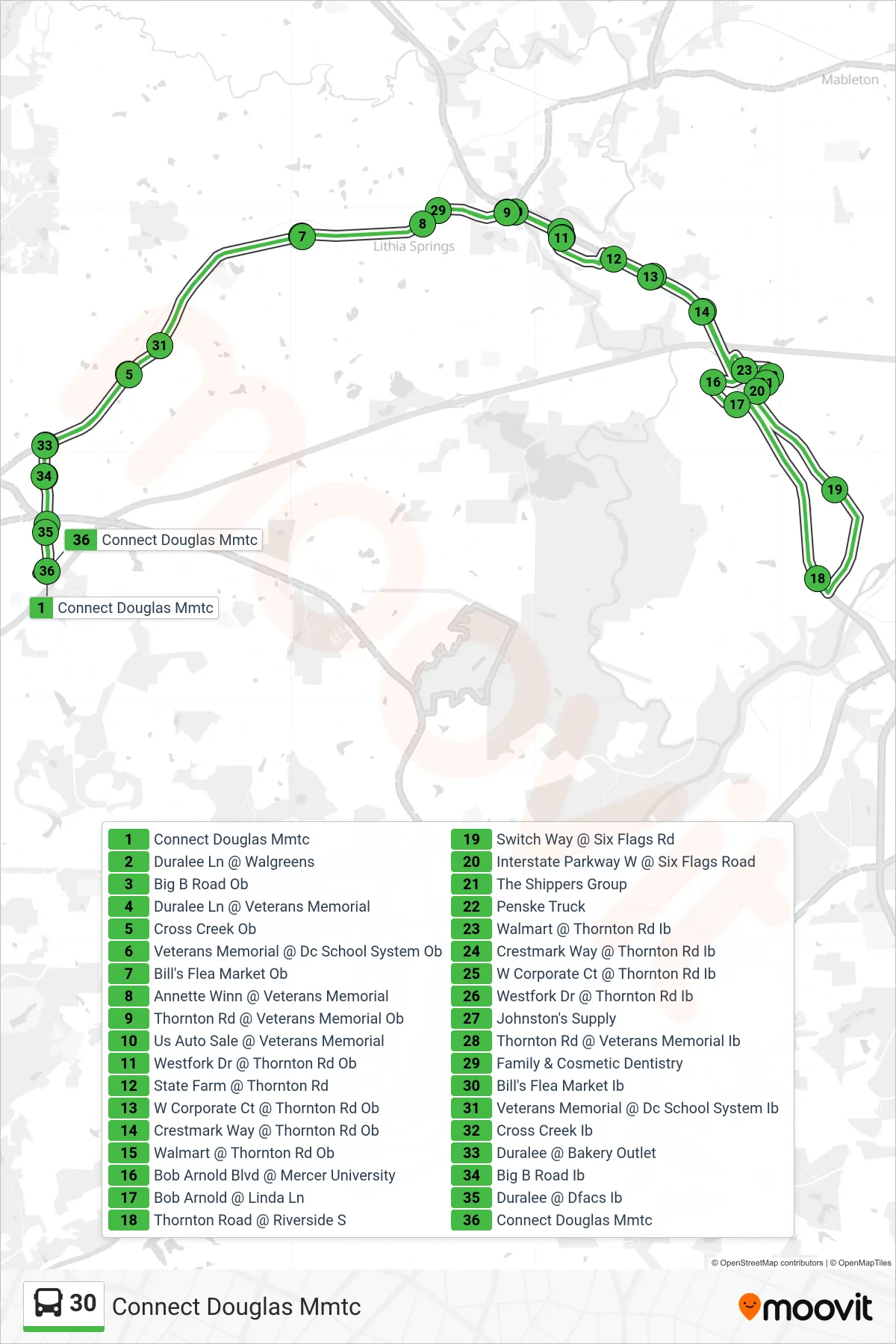 30 bus Line (Connect Douglas Mmtc) route and stops on a map