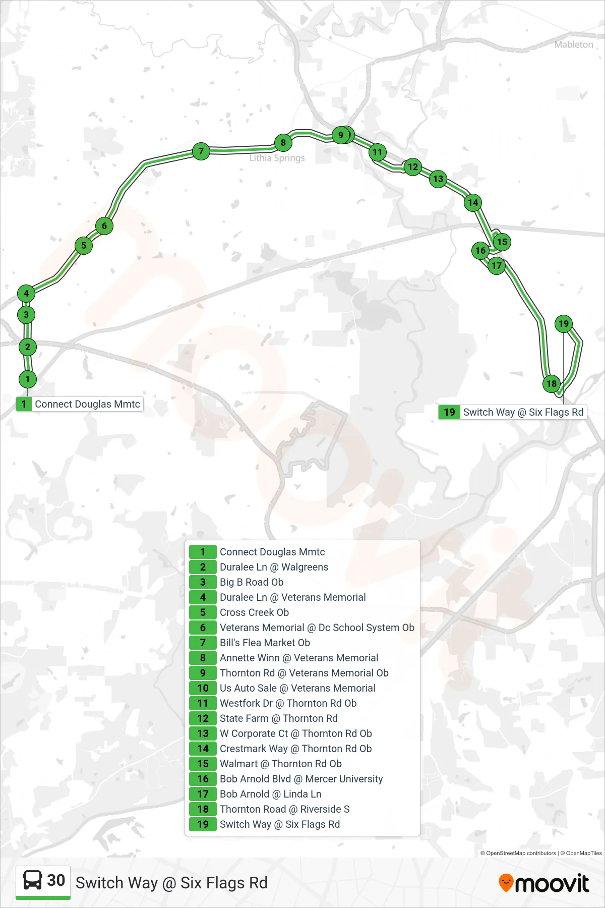 30 bus Line (Switch Way @ Six Flags Rd) route and stops on a map