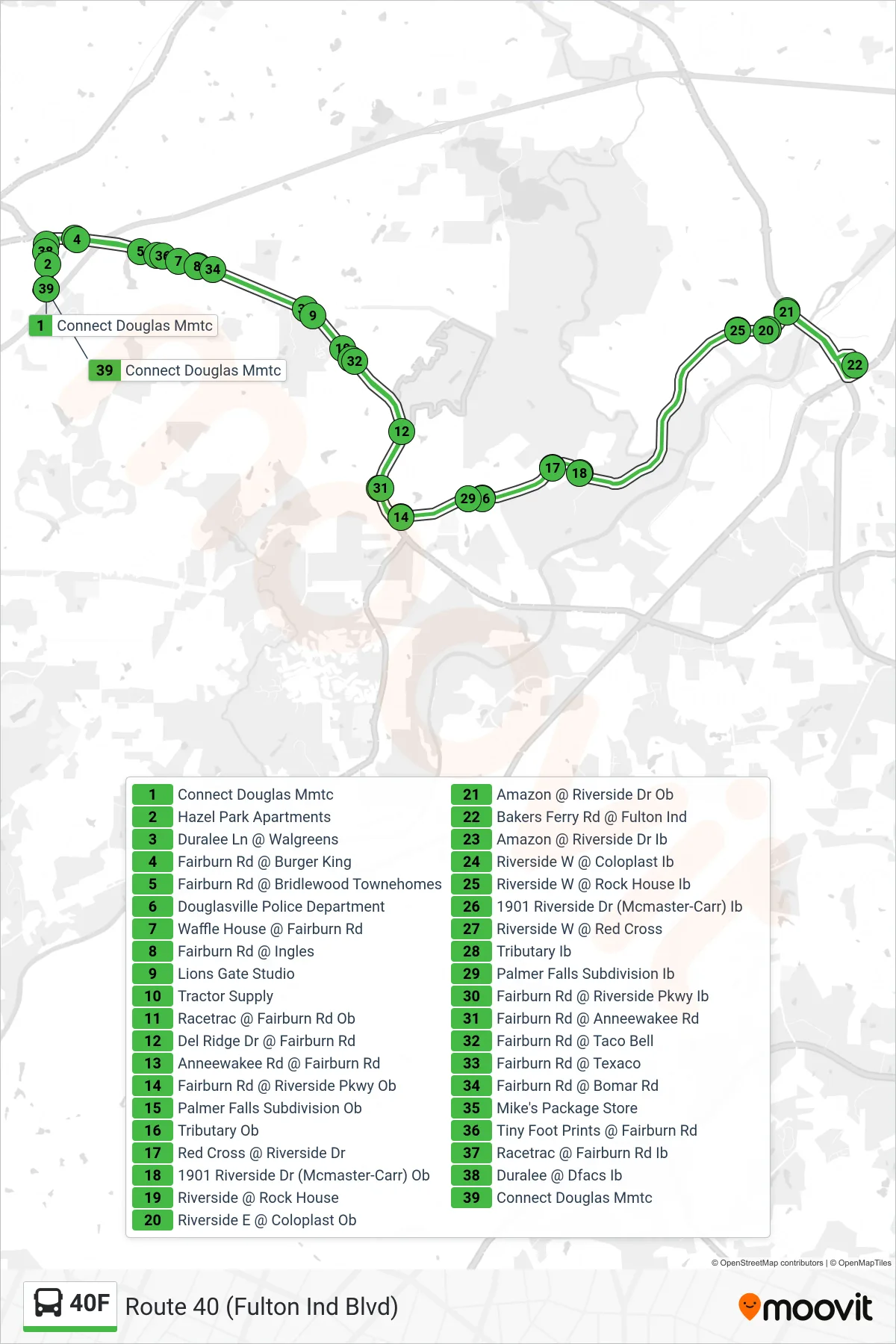 40F bus Line (Connect Douglas Mmtc) route and stops on a map