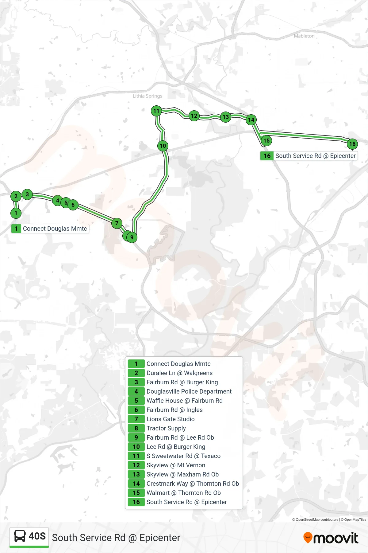 40S bus Line (South Service Rd @ Epicenter) route and stops on a map